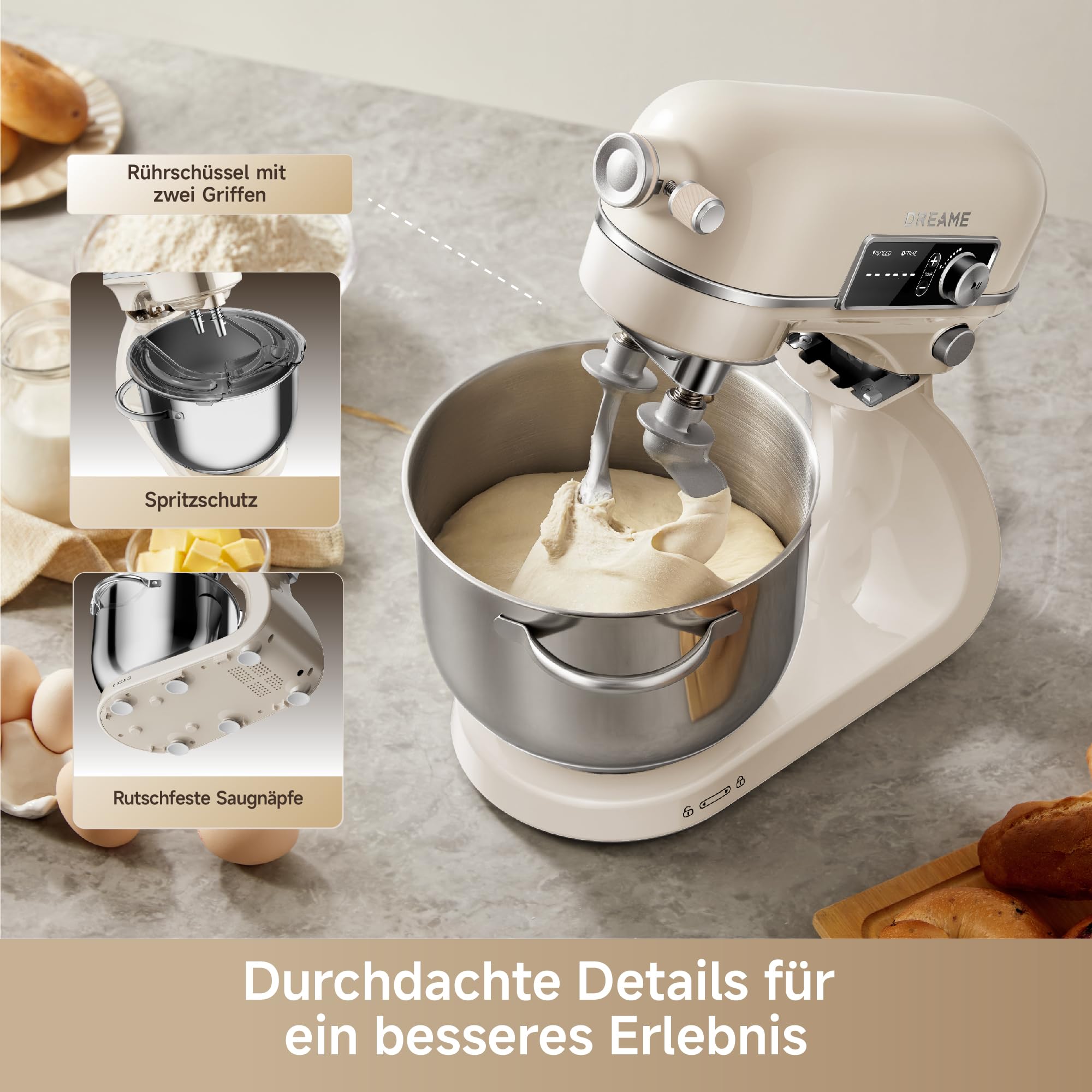 Dreame BioKnead™ Küchenmaschine mit Rührschüssel. Patentierter Doppelknethaken und leiser 800-W-DC-Motor für 6-L-Schüssel. Digitales Display, 12 Geschwindigkeiten