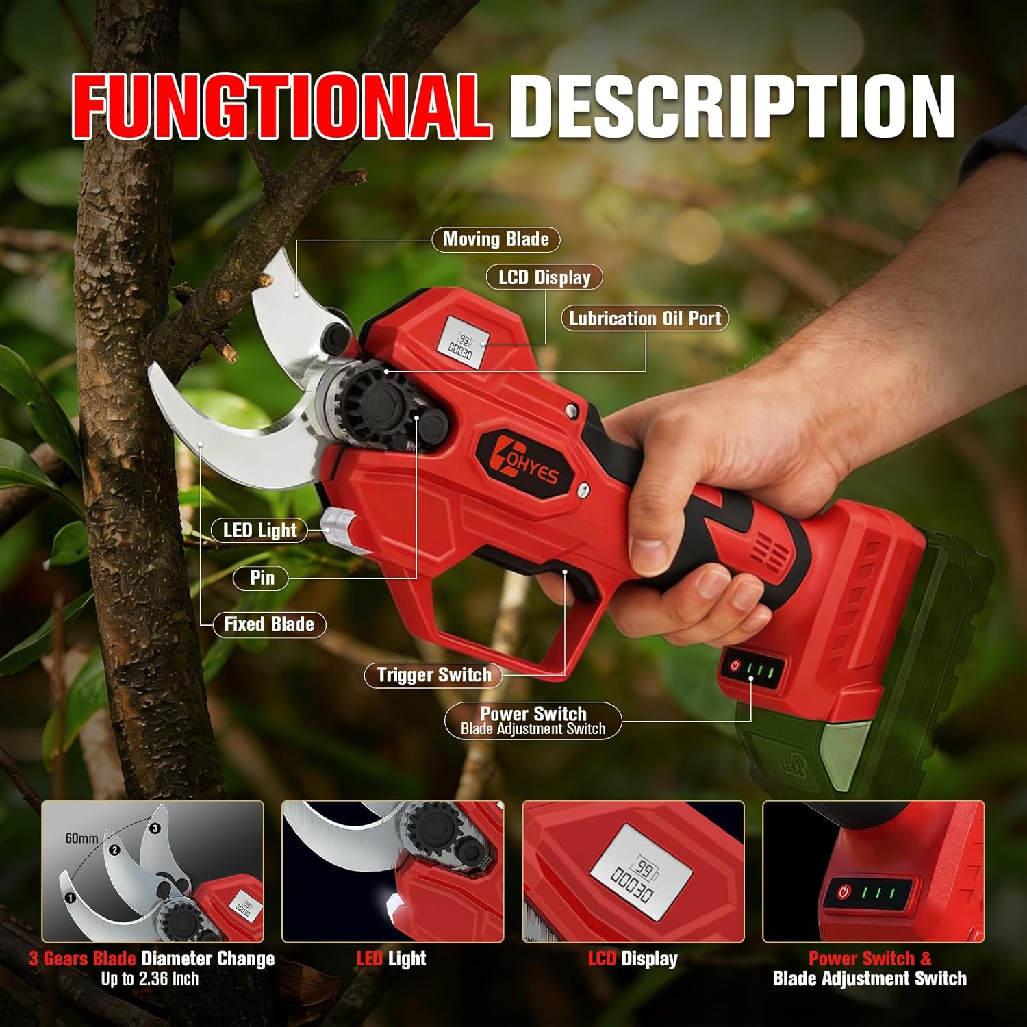 ohyes Pruning Shears Max 1.6IN Cutting Diameter Compatible with Milwaukee 18V Battery Packs with LCD Display SK7 Blade ohyes For Gardening & Tree Pruning(Battery not included)