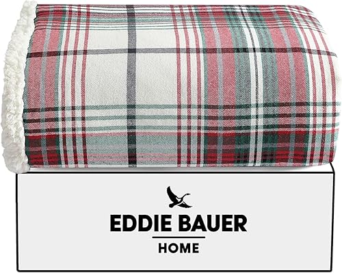 Vista 63 de Eddie Bauer - Manta decorativa de franela de algodón para hogar, ropa de cama reversible de sherpa para todas las estaciones, tartán rojo