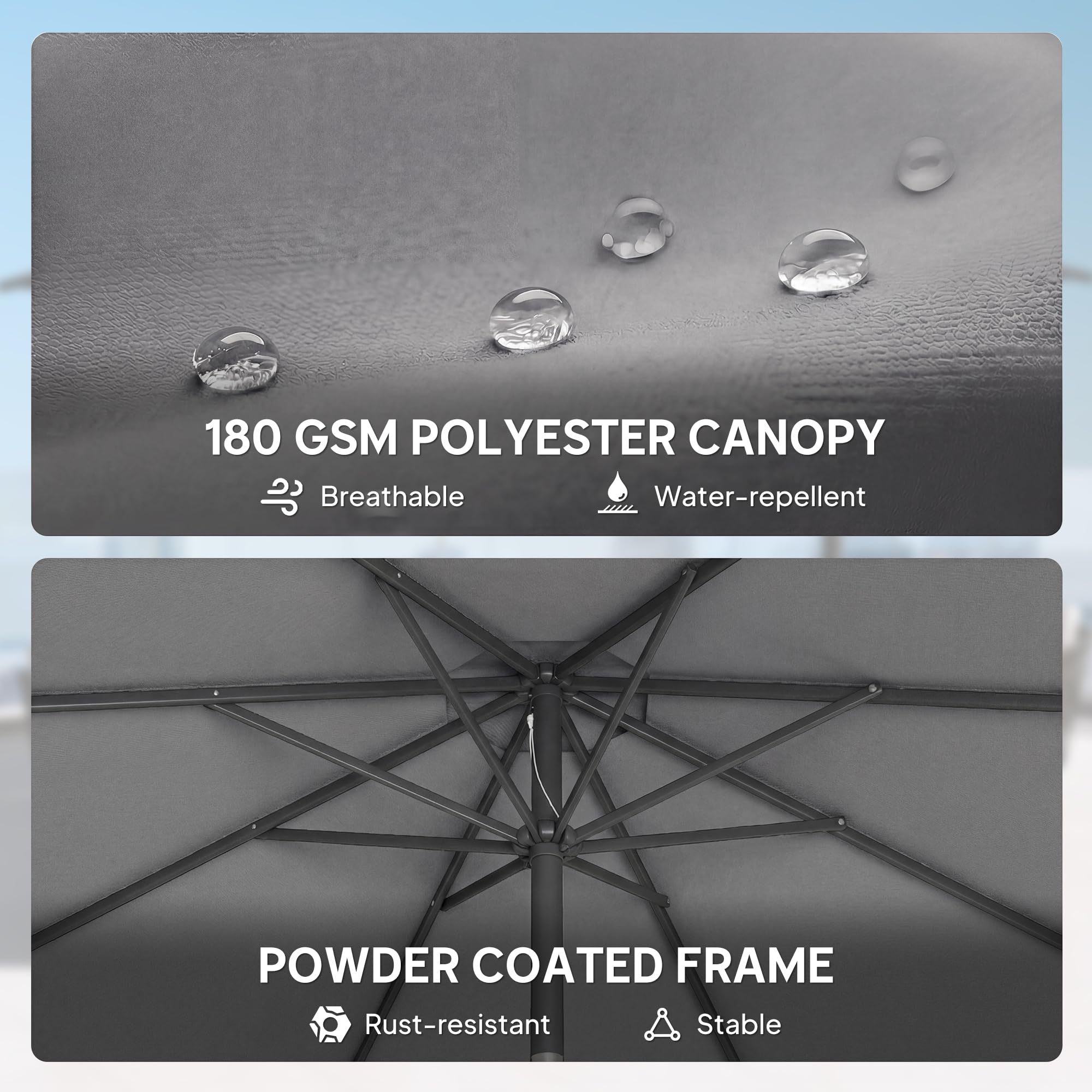 Outsunny 2.7 m Garden Parasol Umbrella with Cross Base and Sandbag, Retractable Ribs, Outdoor Table Market Patio Umbrella Sun Shade with 30 Degree Tilt and Crank, Vent — view 6