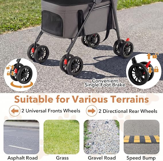 COSTWAY Double Pet Stroller, 4 Wheels Foldable Dog Pushchair Cat Buggy with 2 Detachable Carriers, Adjustable Canopy, Mesh Openings & Safety Leash, Lightweight Pet Pram for Small Dog Cat (Grey)
