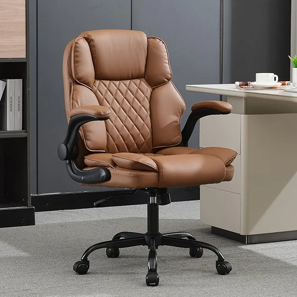 BOWTHY Office Desk Chair,Mid Back Executive Leather Chair,Ergonomic Home Computer Chair,Modern Conference Room Chairs with Adjustable Flip-Up Arms and Rocking Function (Brown)