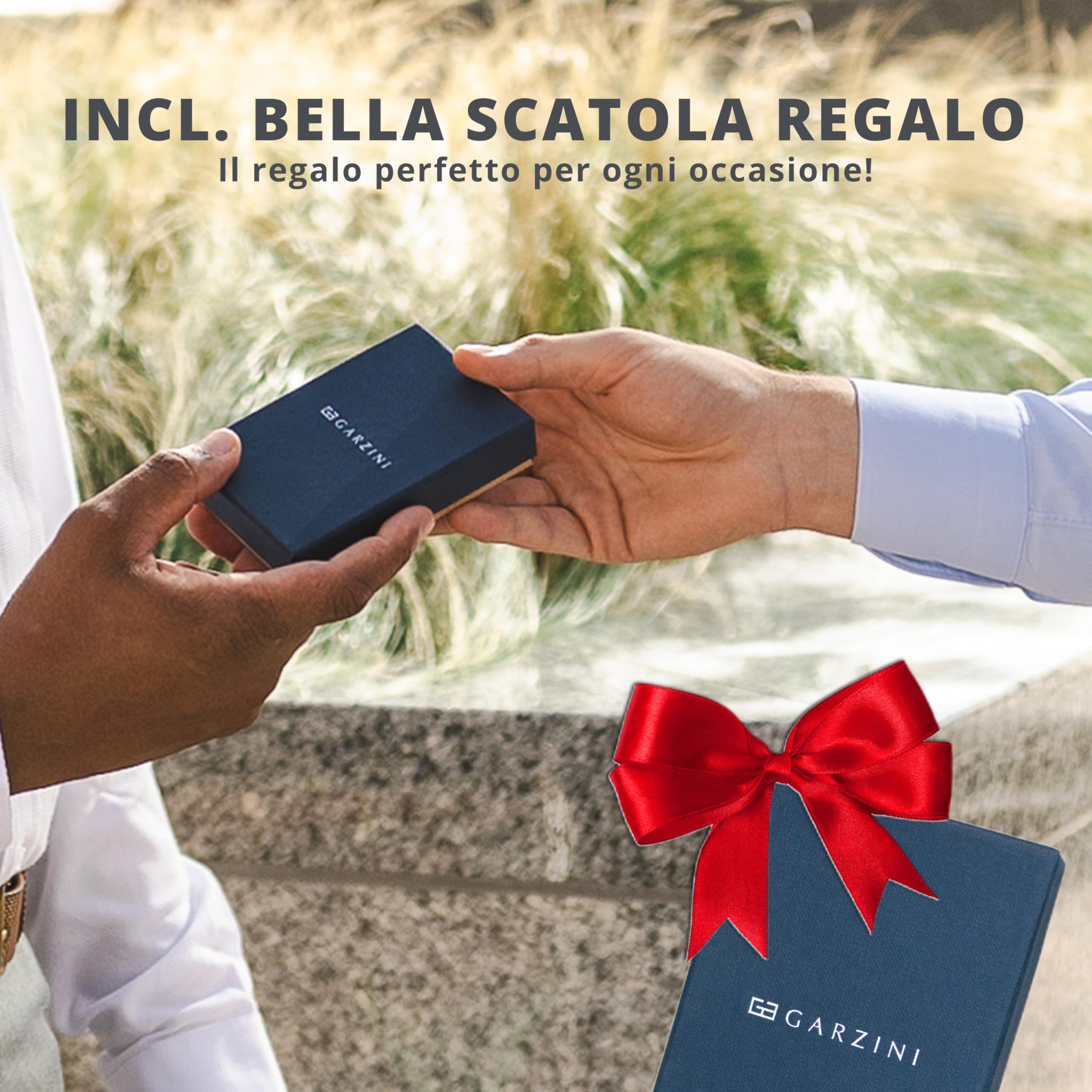 GARZINI Portafoglio Magico - in vera pelle, sottile e minimalista Magic Wallet da uomo con sistema di blocco RFID, custodia per le carte, linguetta di estrazione e portamonete