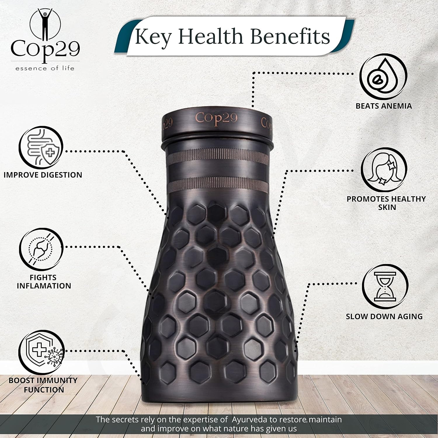 Cop29 Dolny - Botella de agua hecha a mano con diseño de panal antiguo de cobre para dormitorio, jarra con tapa, jarra de agua para mesita de noche (uso en interiores con tapa suelta) – 1000 ml/34oz