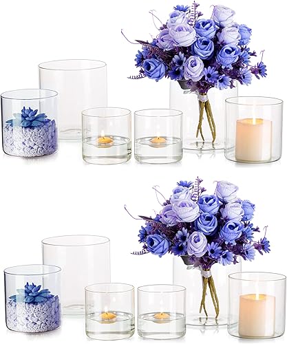 Hewory Hurricane - Juego de 12 jarrones cilíndricos de cristal, portavelas votivas para velas flotantes de pilar, jarrón redondo transparente para