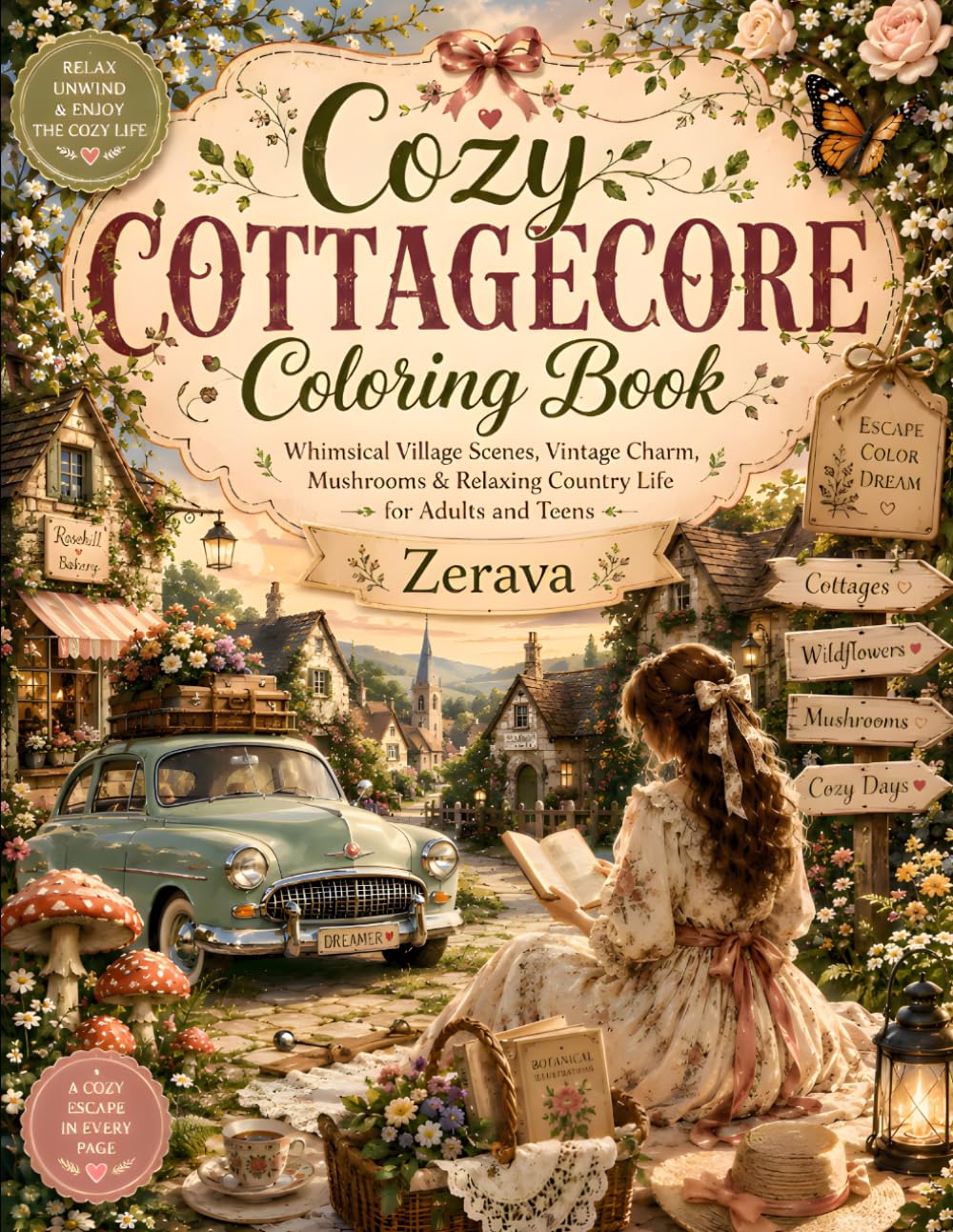 Cozy Cottagecore Coloring Book: Whimsical Village Scenes, Vintage Charm, Mushrooms & Relaxing Country Life for Adults and Teens