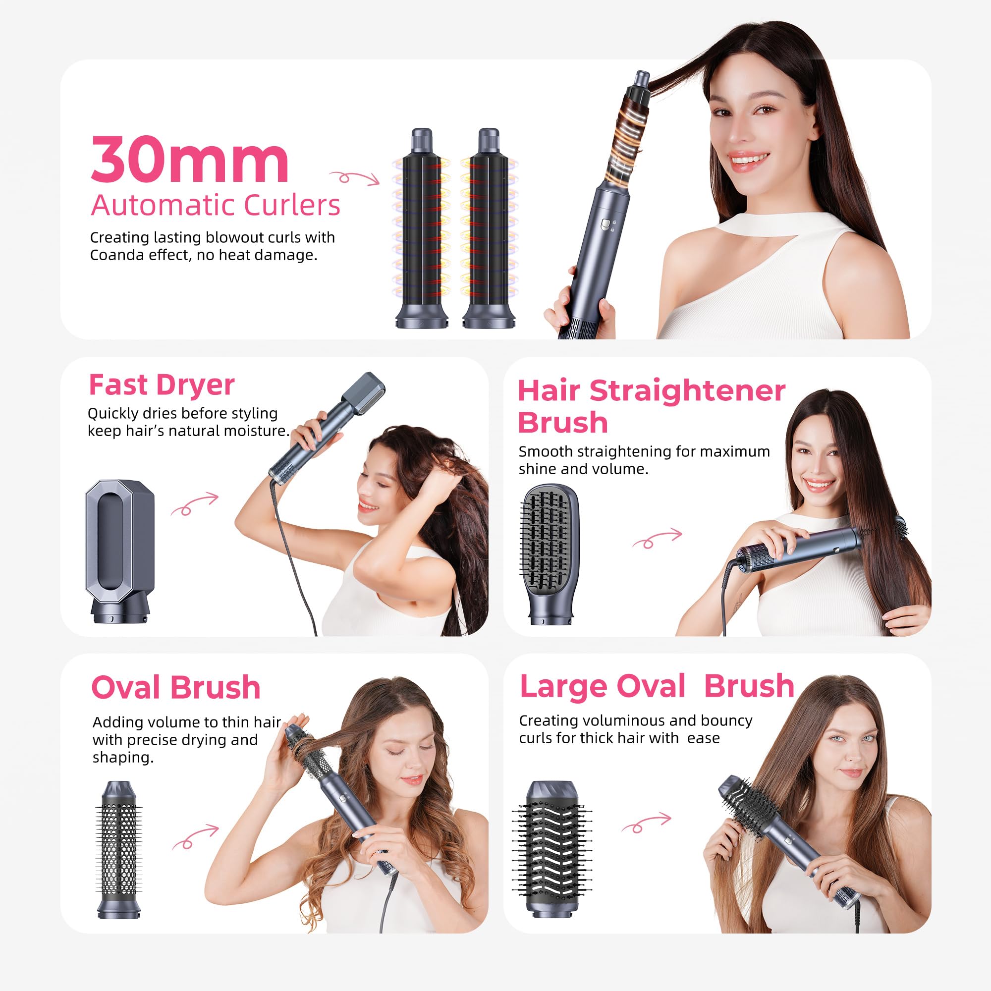 MogaWave Pro Air Styler 6 In 1 Hair Styler Avec 1000W Airbrush Hair Styler Brosse Soufflante Seche Cheveux, Brushing Brosse Soufflante, Auto Boucleur a Air, pour Sécher, Boucler, Lisser