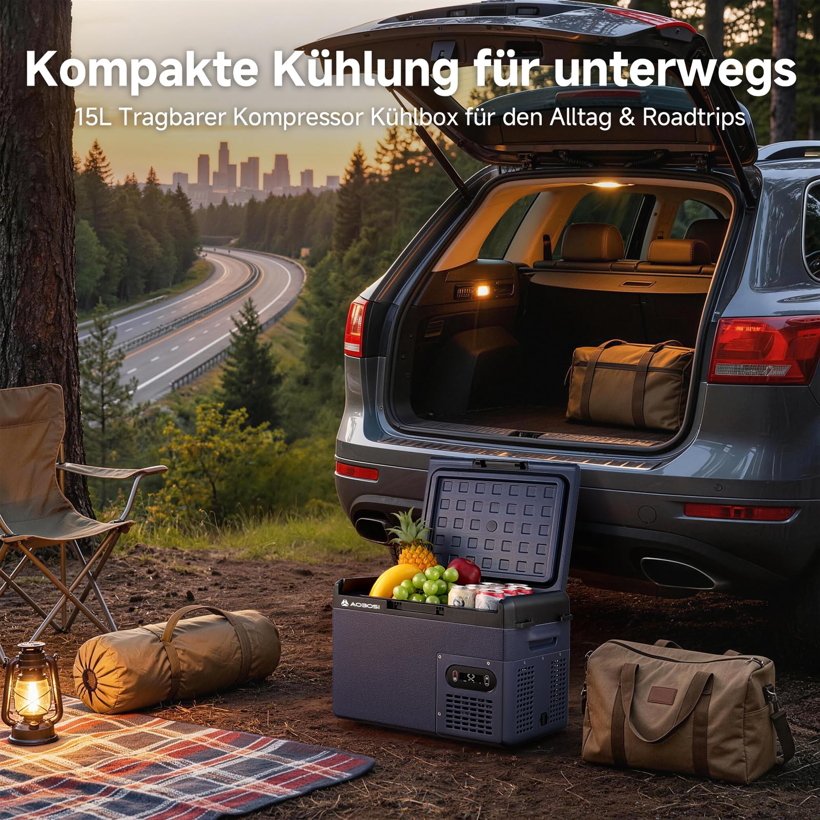 AAOBOSI Kompressor Kühlbox 15L, Tragbare Elektrische Kühlbox 12V/230V, IPX4 Wasserdicht, -20°C bis 20°C - Ideal für Auto, LKW, Boot, Camping, Reisen, Fischen, Garten & Outdoor-Aktivitäten