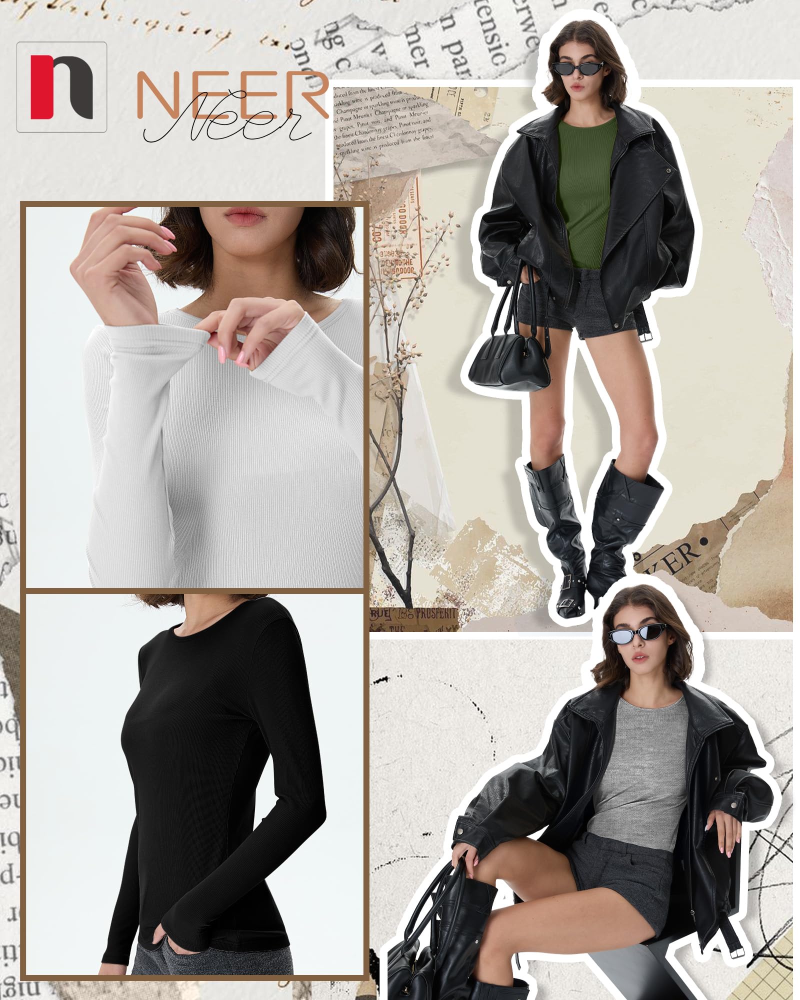 Neer Lot de 4 T-Shirts à Manches Longues Côtelés pour Femme, Col Rond en Coton, Coupe Ajustée, Maille Extensible | Hauts basiques à manches longues, sous-vêtements en tricot à col rond, t-shirts extensibles pour entraînement