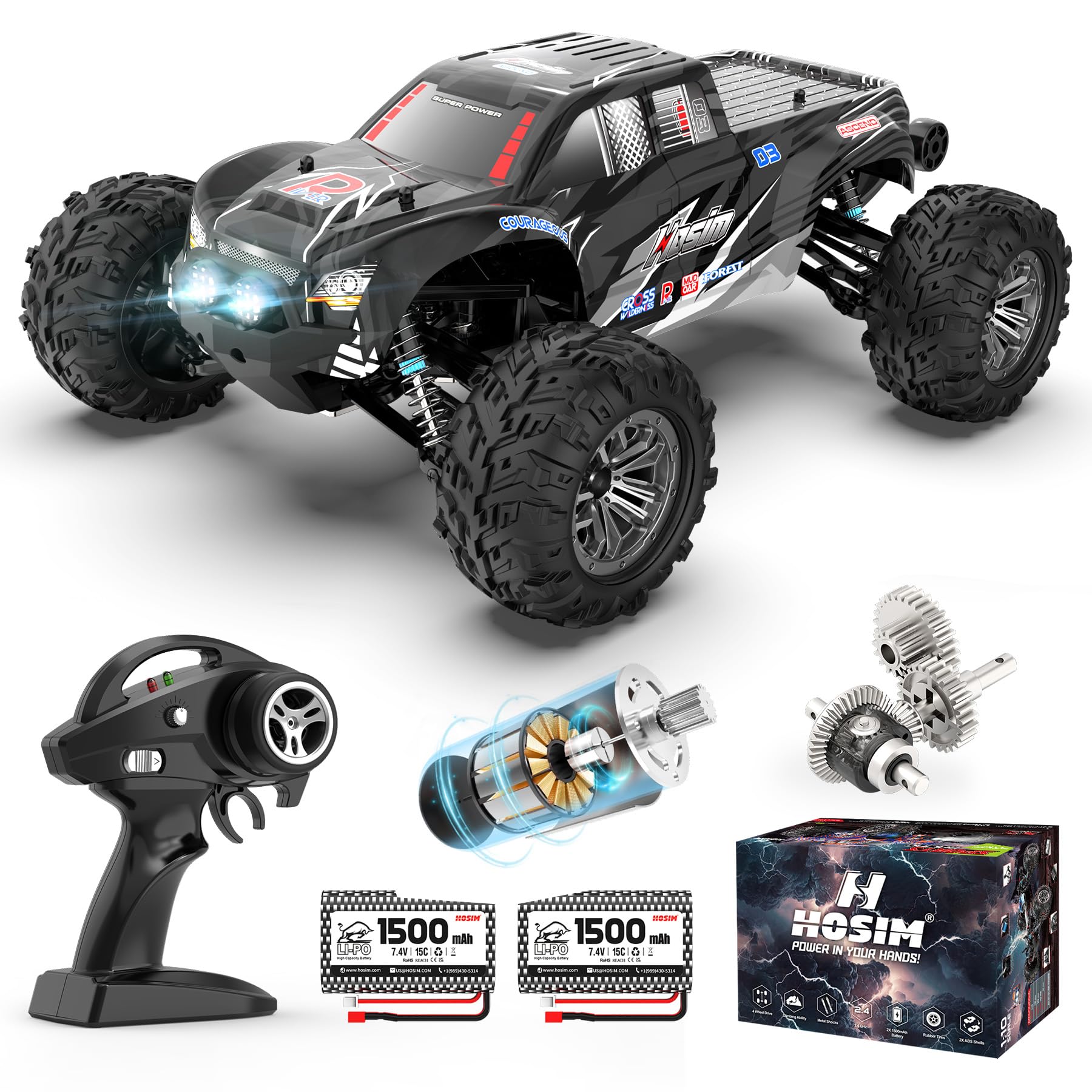 RC Cars, 1:10 Scale 48+ KMH Remote Control Car for Adults Boys, 4X4 Off-Road RC Truck with Headlights, All Terrains Waterproof Hobby Grade Large Fast Racing Toy Gift Monster Trucks