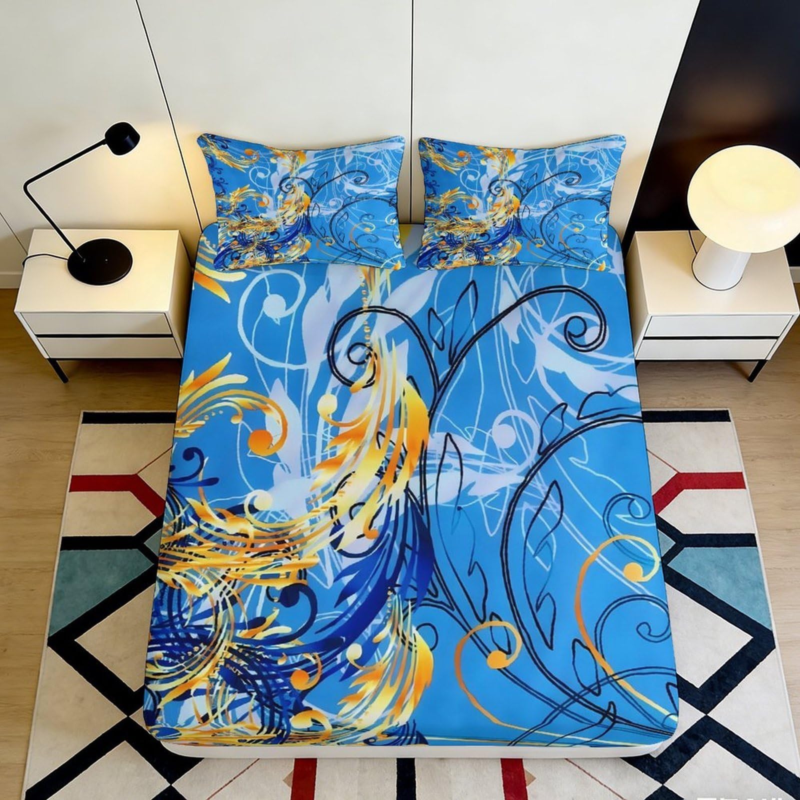 Dhbaneiok Style-5 3D Printed Blue Abstract Swirl Fitted Sheet Microfiber Soft Modern Art Yellow Wave Mattress Cover Bedroom Dorm Decor 90X200x25cm