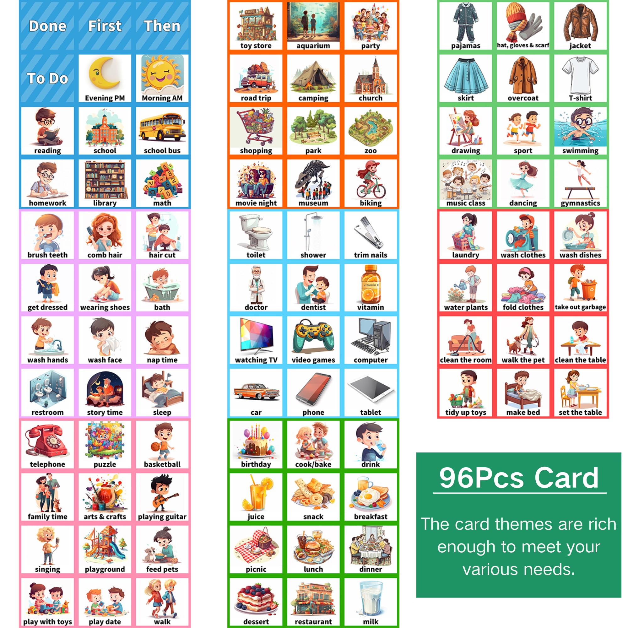 Orario Visivo Grafico Giornaliero Routine per Bambini, Routine Piano Bambini Giornaliera con 96 Carte, Agenda Visiva Bambini Autismo Libro, Calendario Didattico Inglese, Scuola Domestica（Blu）