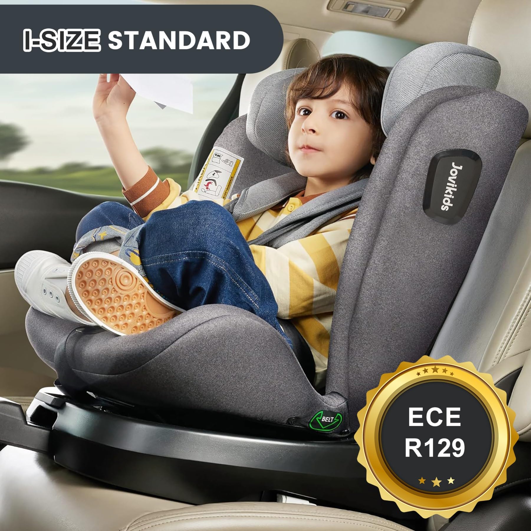 Jovikids i-Size Seggiolino Auto 0-36kg, 360°Girevole Ovetto Neonato Auto con Isofix e Gambe di Supporto 40-150cm dalla Nascita a Circa 12 anni (Nero)