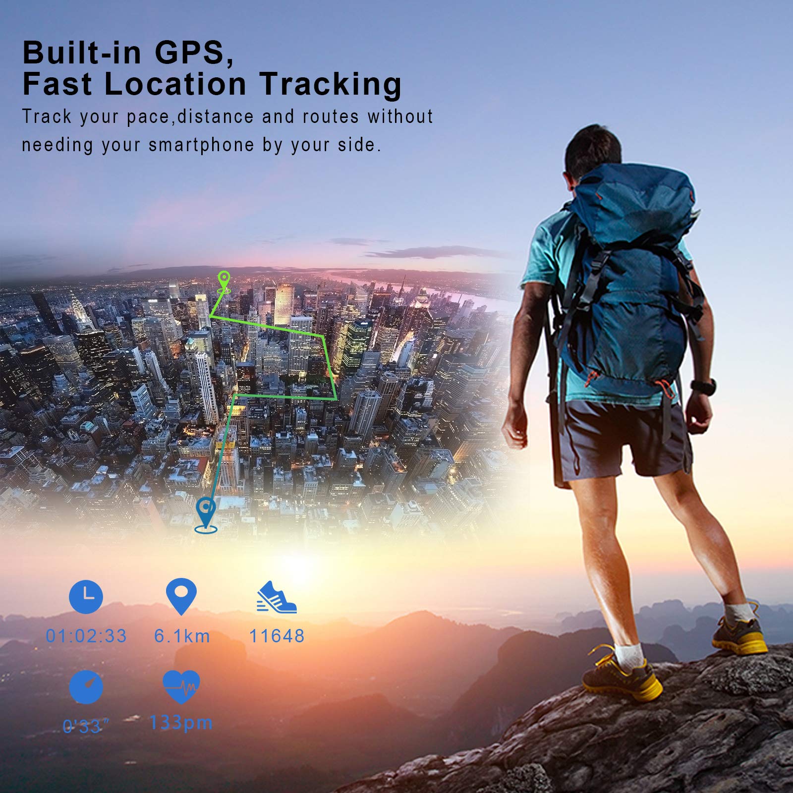 Inteligentny zegarek Bozlun Smartwatch, wodoodporny IP67, aktywności krokomierz, kalorie, GPS Cardio Fitness Tracker dla Androida i iOS (czarny)