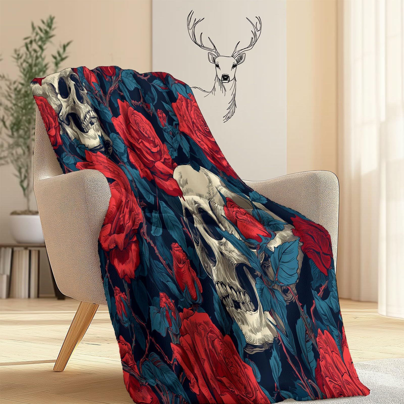 Wielokolorowy koc z polaru flanelowego 200 x 220 cm - abstrakcyjna różowa czaszka miękka i przytulna, nadruk w kratę na sofę lub podróż