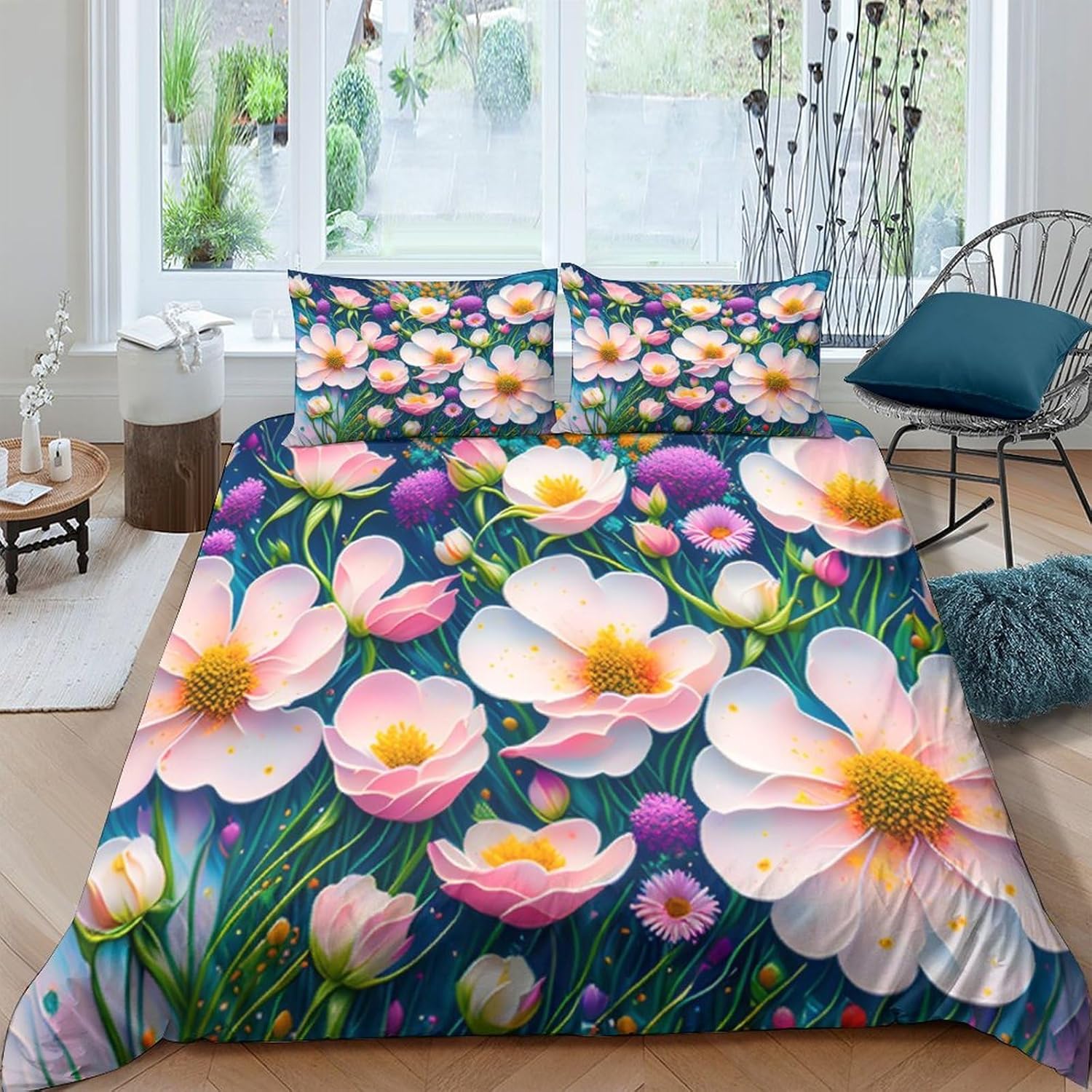 Colored Flowers Three Piece Suit Cartoon Quilt Cover Set - Super Soft Bedding Set for Kids with Pillowcase - Lightweight and Breathable Microfiber Bed Linens