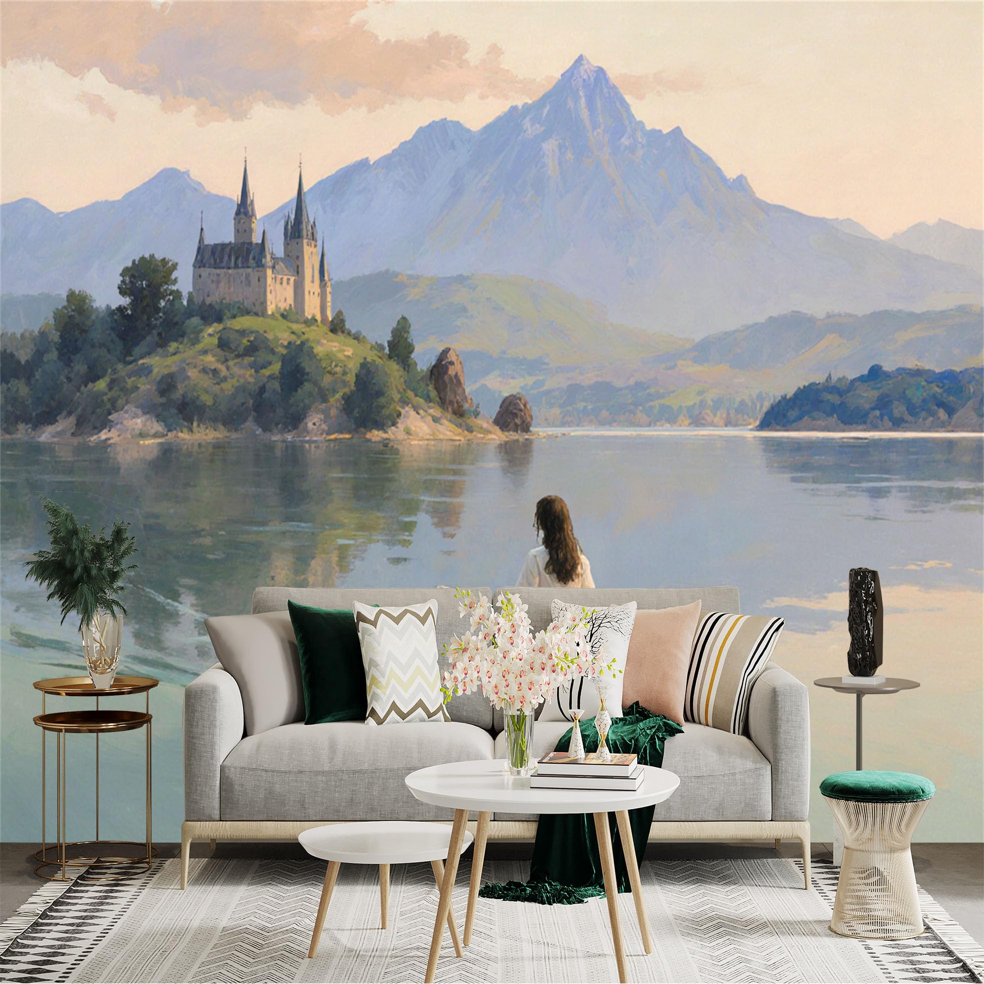 Lnzczhyre Girls Xc260505032 Custom Size Wall Sticker Mural， In Rowboat On Lake， Medieval Castle On Island， Majestic Mountain Scenery， For Wall Decoration， Peelandstick Wall Decals.