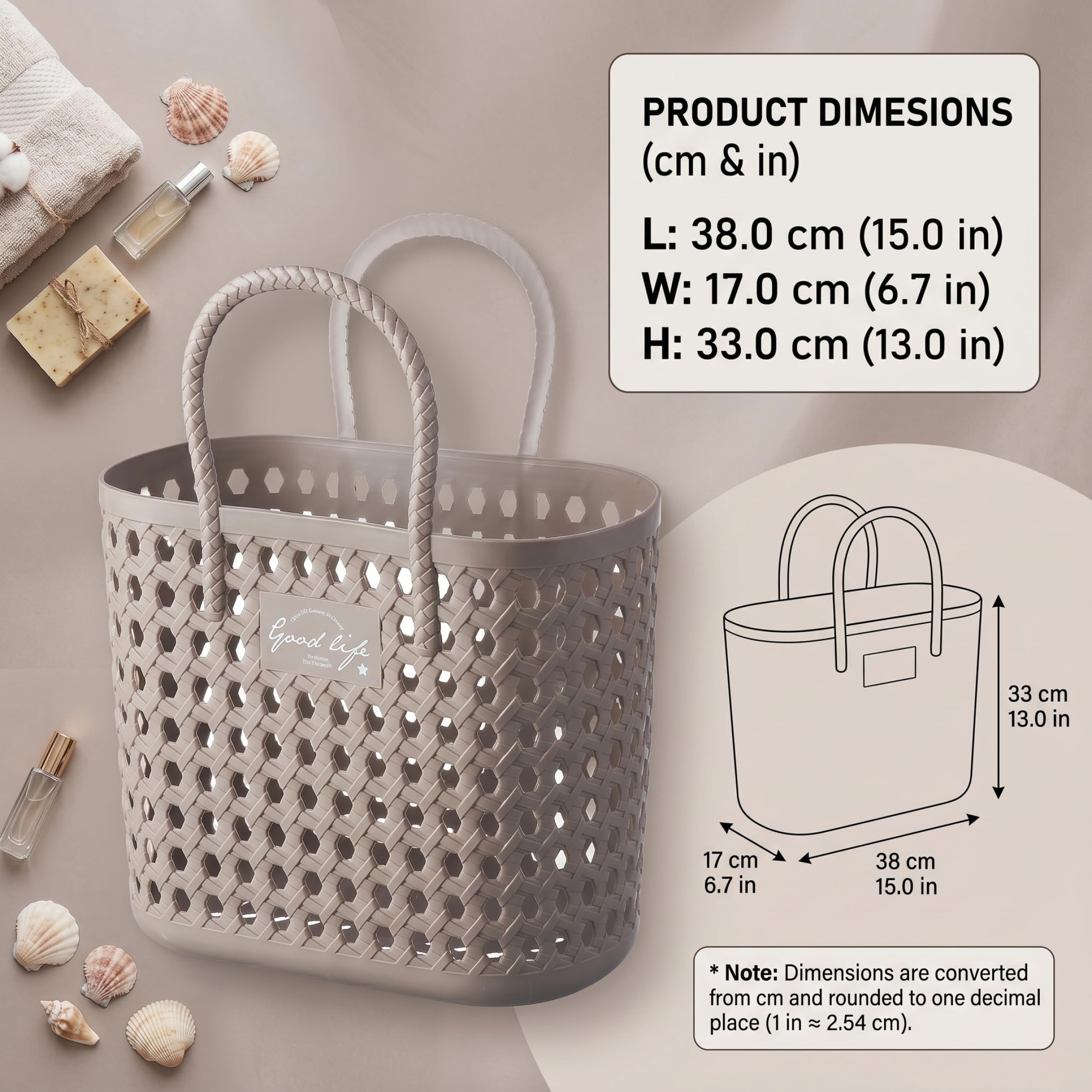 Cesta de ducha portátil de imitación ratán hueco, cesta con asa para baño y viajes, color gris.