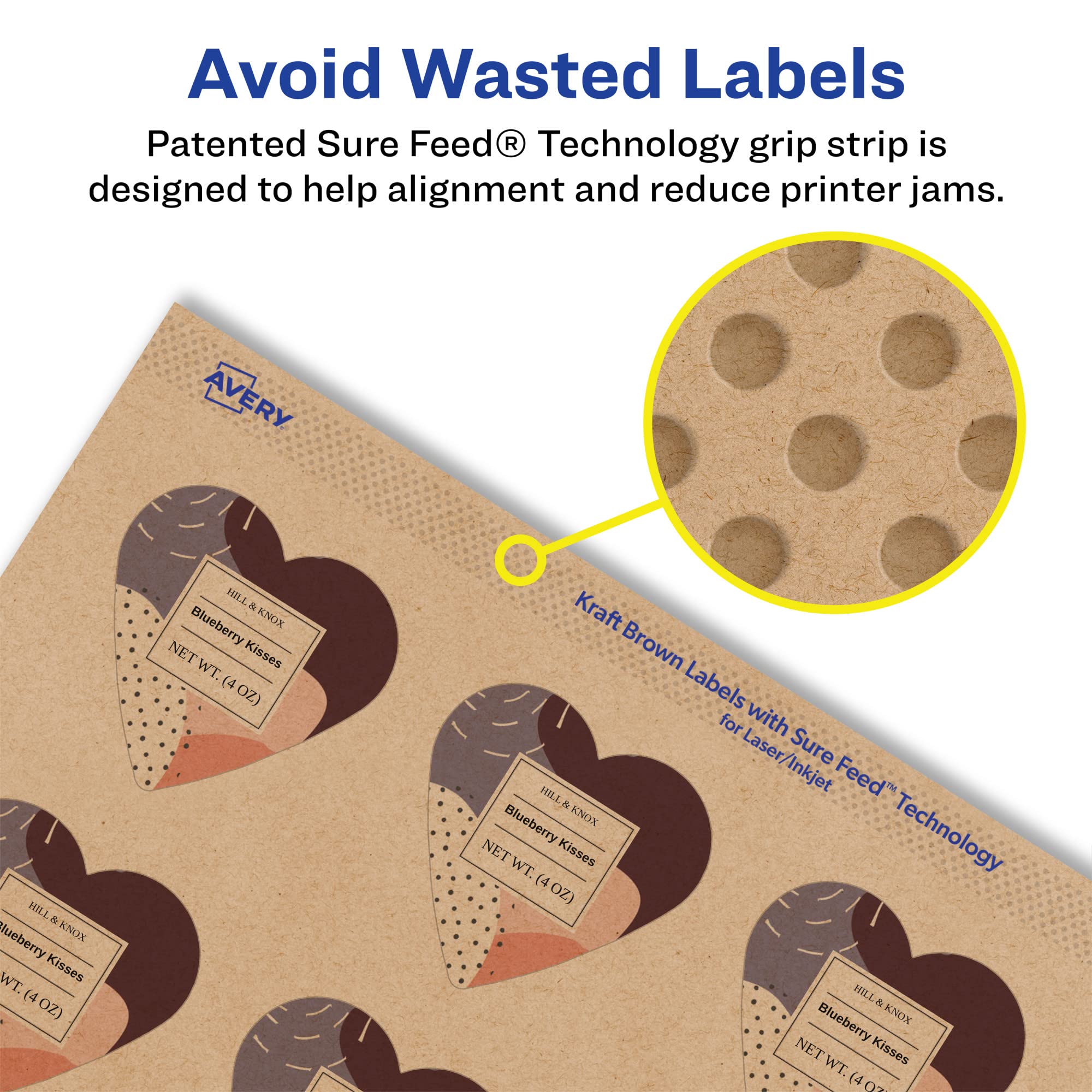 Avery Kraft Brown Heart Labels - 0.75" X 0.75", 1,200 Labels, Sure Feed, Print-to-Edge, Laser/Inkjet Printable