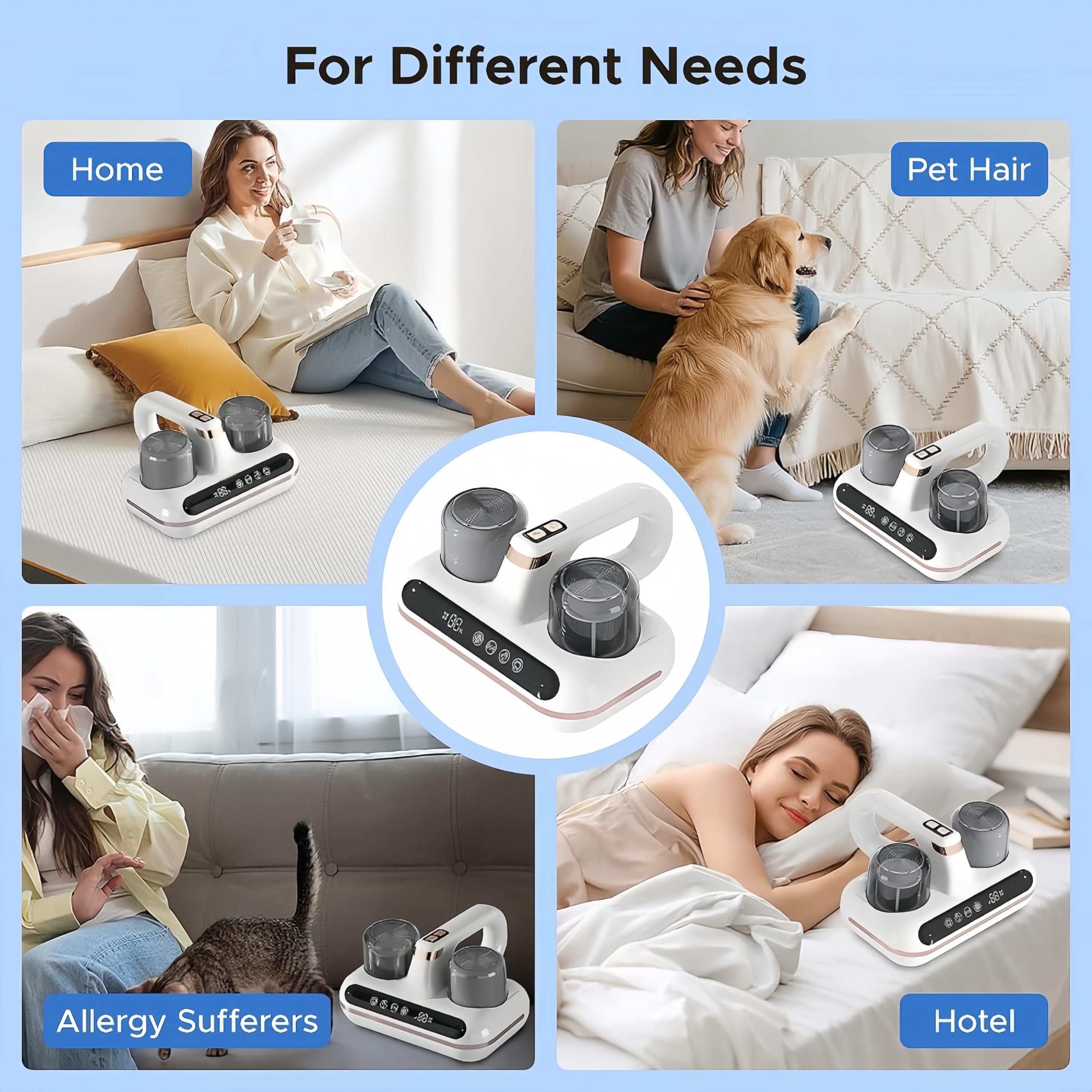 Vxoyo Aspirateur Matelas, Aspirateur de Matelas sans Fil 4 en 1 avec Lumière UV et Écran LED, Aspirateur à Main Anti-Acariens à Double Coupelle, à Ultrasons et à Forte Aspiration pour Lit