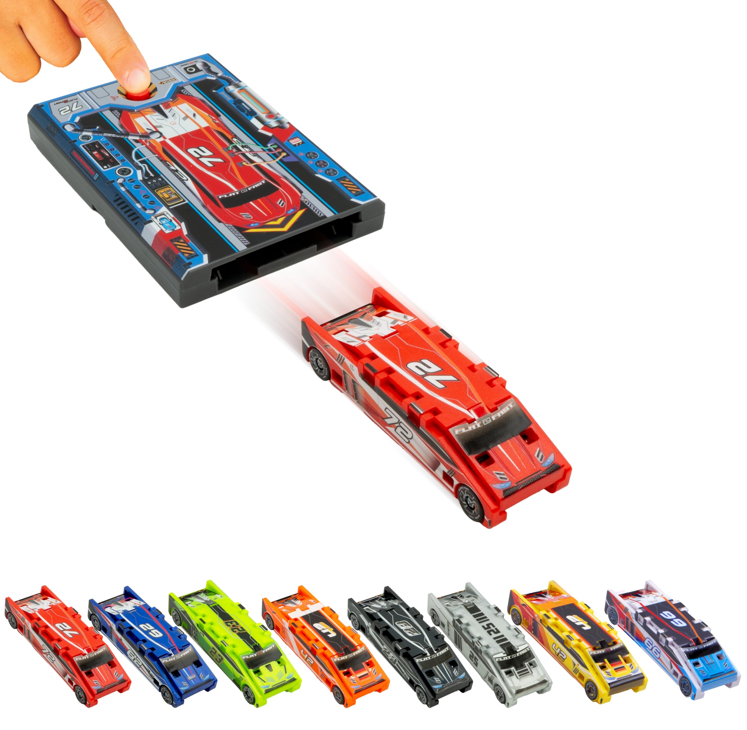 FLAT 2 FAST Original Stunt Card Racer – Flat Car Racer and Pocket Size Racecar Launcher with Built-in Button for Stunt Launching and Racing – Compact – Red