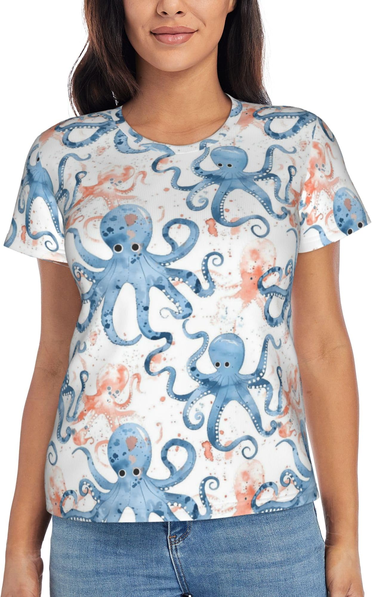 Fun Octopus 1 Print Womens Basic T Shirts Summer Tops Short Sleeve Shirts Workout Clothes