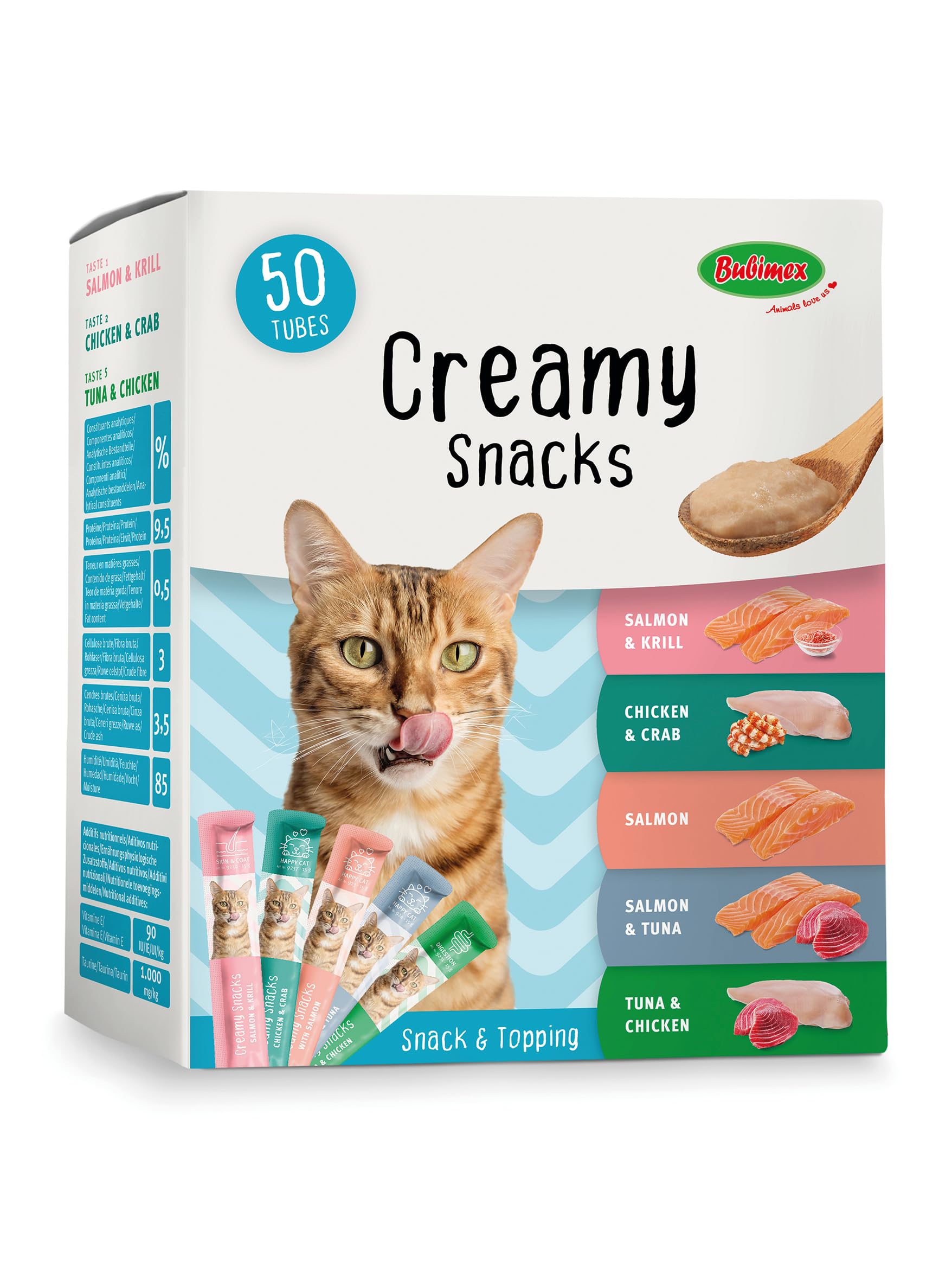 Bubimex Creamy Snacks Multipack - Dulces cremas para lamer Gatos - Textura Lisa, cremosa y apetitosa - Estimula el apetito y favorece la hidratación - 50 x 15 g