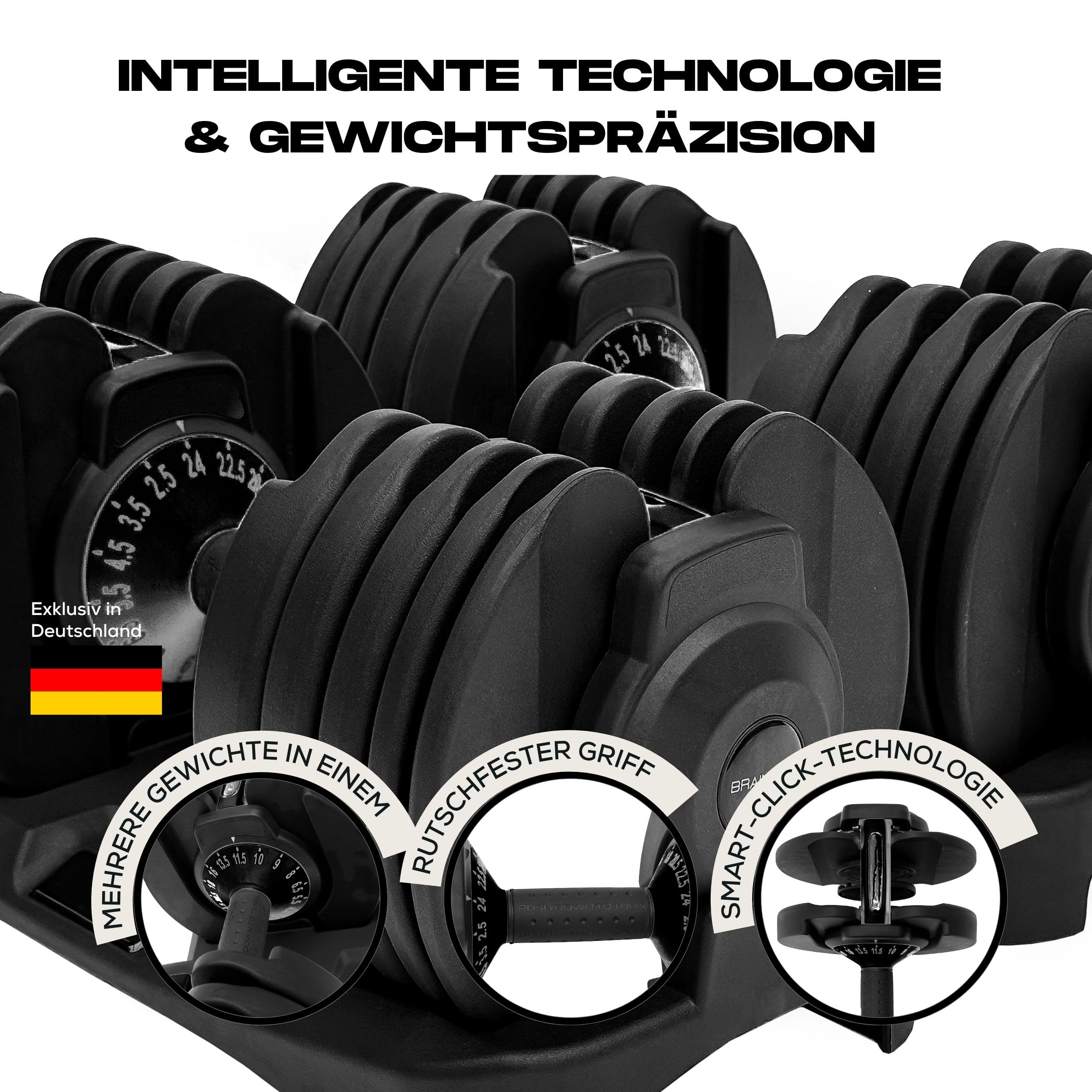 BRAINGAIN Verstellbares Kurzhantel-Paar 15 in 1 24kg Smart-Click-Technologie Anti-Rutsch-Griff