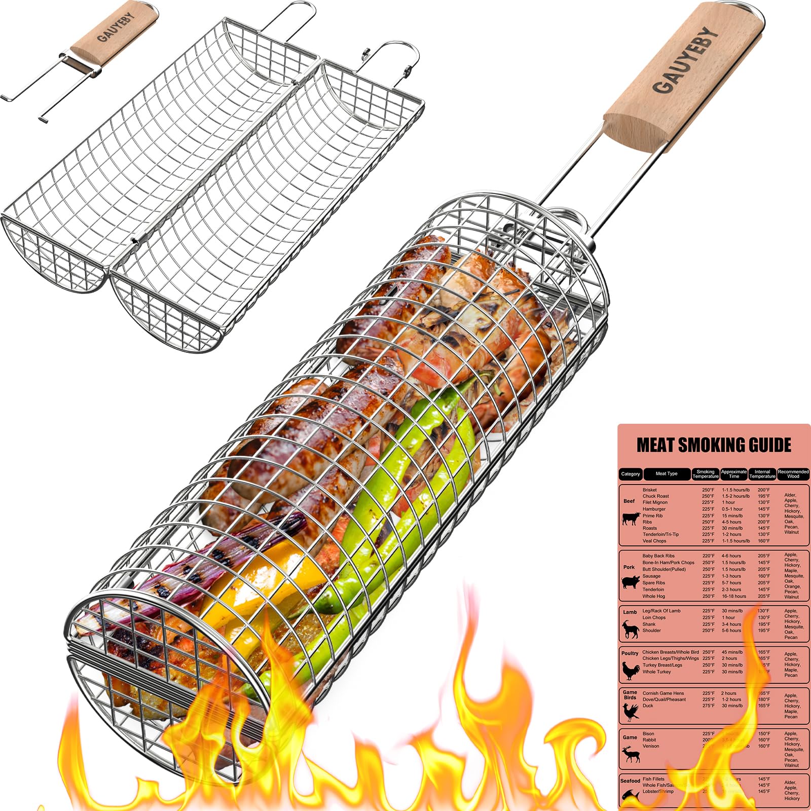 GAUYEBY Grill Basket, Rolling Grilling Baskets for Outdoor Grilling, Anti-Scorch Stainless Steel Folding Grill Net Tube for Meat, Shrimp, Vegetables, BBQ Accessories, Christmas Gifts for Dad, Husband