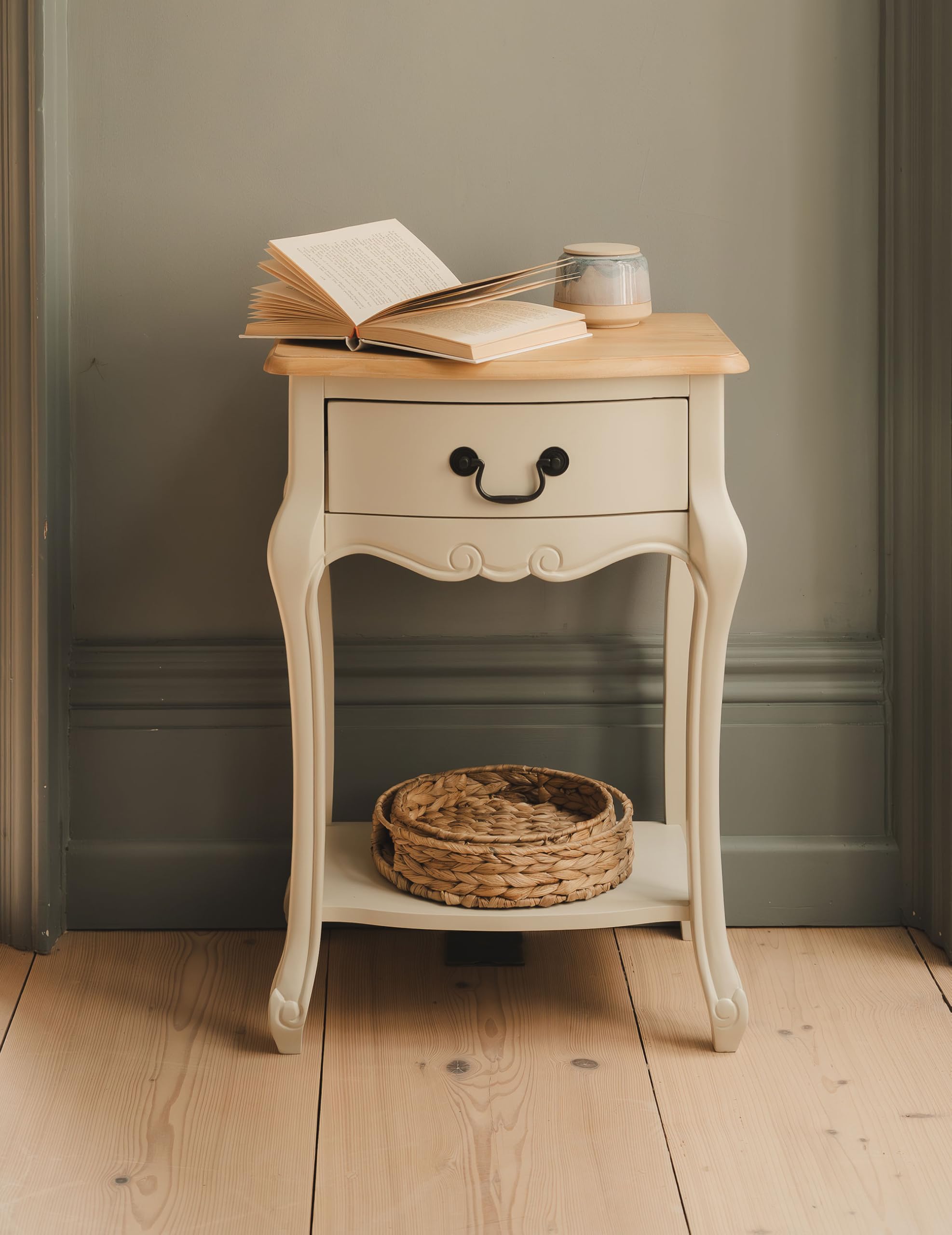 Statement Furniture Juliette Bedside Table | French Style 1 Drawer Nightstand with Hand-Carved Detail | White or Champagne Colour, Choice of Handles | Fully Assembled (Champagne-Metal-Handles)