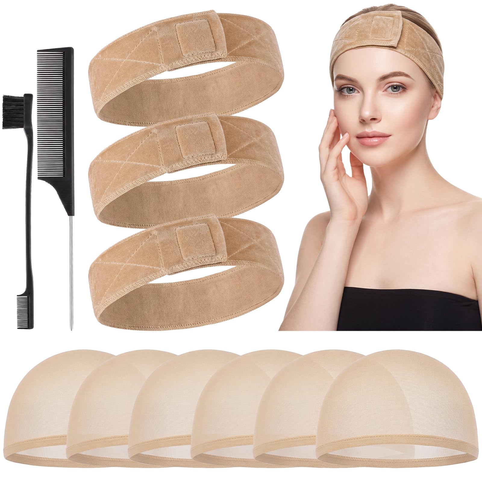 obeoby Wig Grip Band And Caps Set, Adjustable Velvet, 3 Bands + 6 Caps
