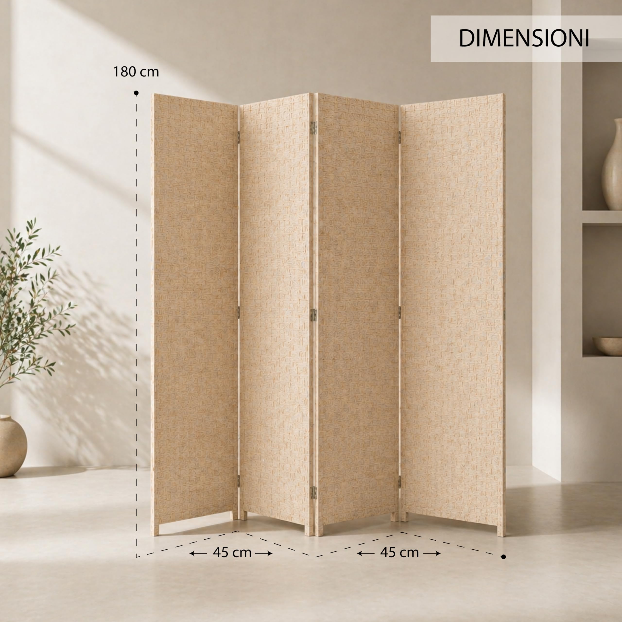 Separè da Interno 4 Pannelli 180X180h CM - Divisorio per Ambienti, in Plastica, Struttura in Legno, Motivo Intrecciato, Autoportante, per Soggiorno, Ufficio, Camera, Pieghevole - (Beige)