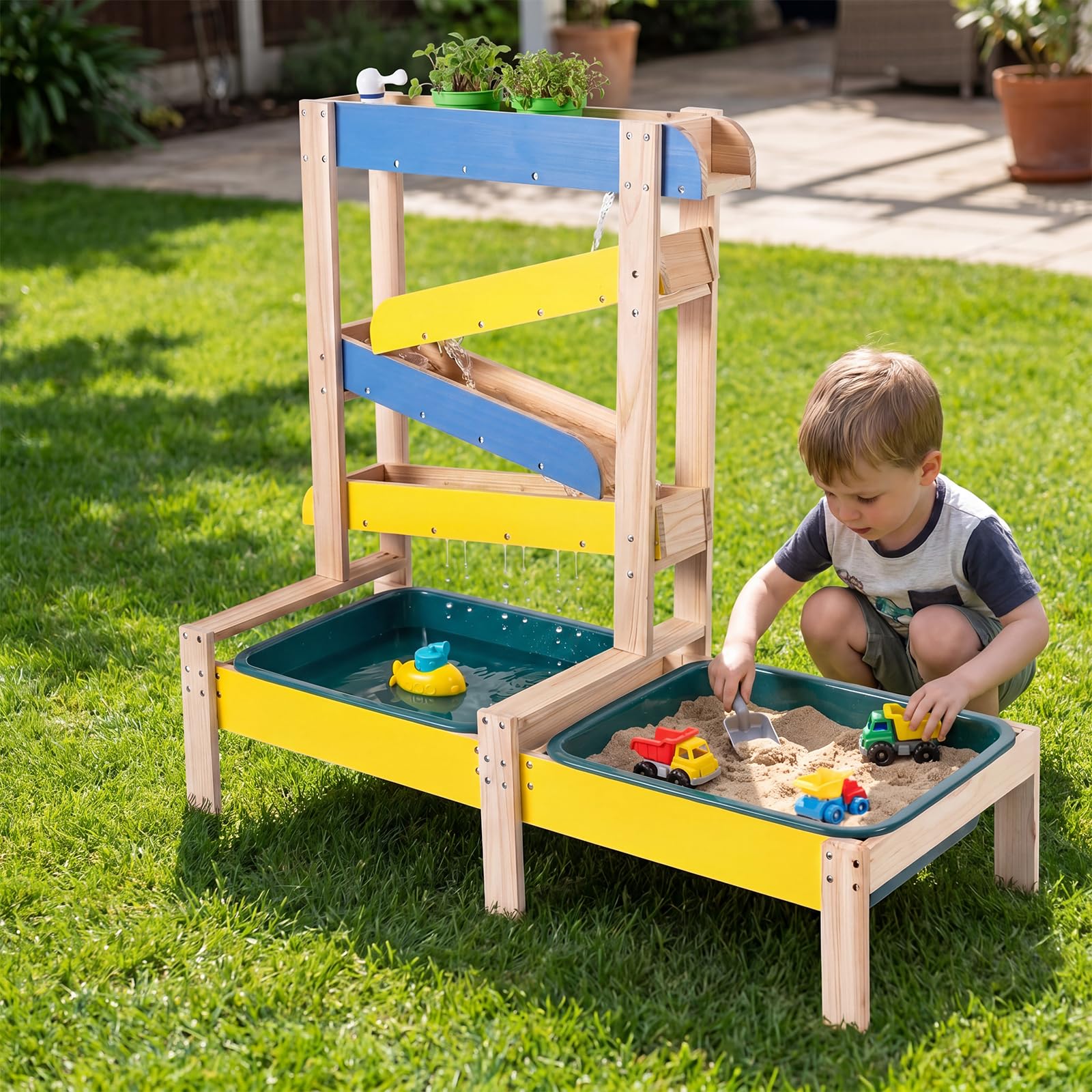 COSTWAY Sand- und Wassertisch, Sandspielzeug mit 2 Becken und Zubehör | 3 in 1 Montessori Sensorik-Spieltisch für Kleinkinder ab 3 Jahren, Outdoor Gartenspielzeug für Jungen und Mädchen