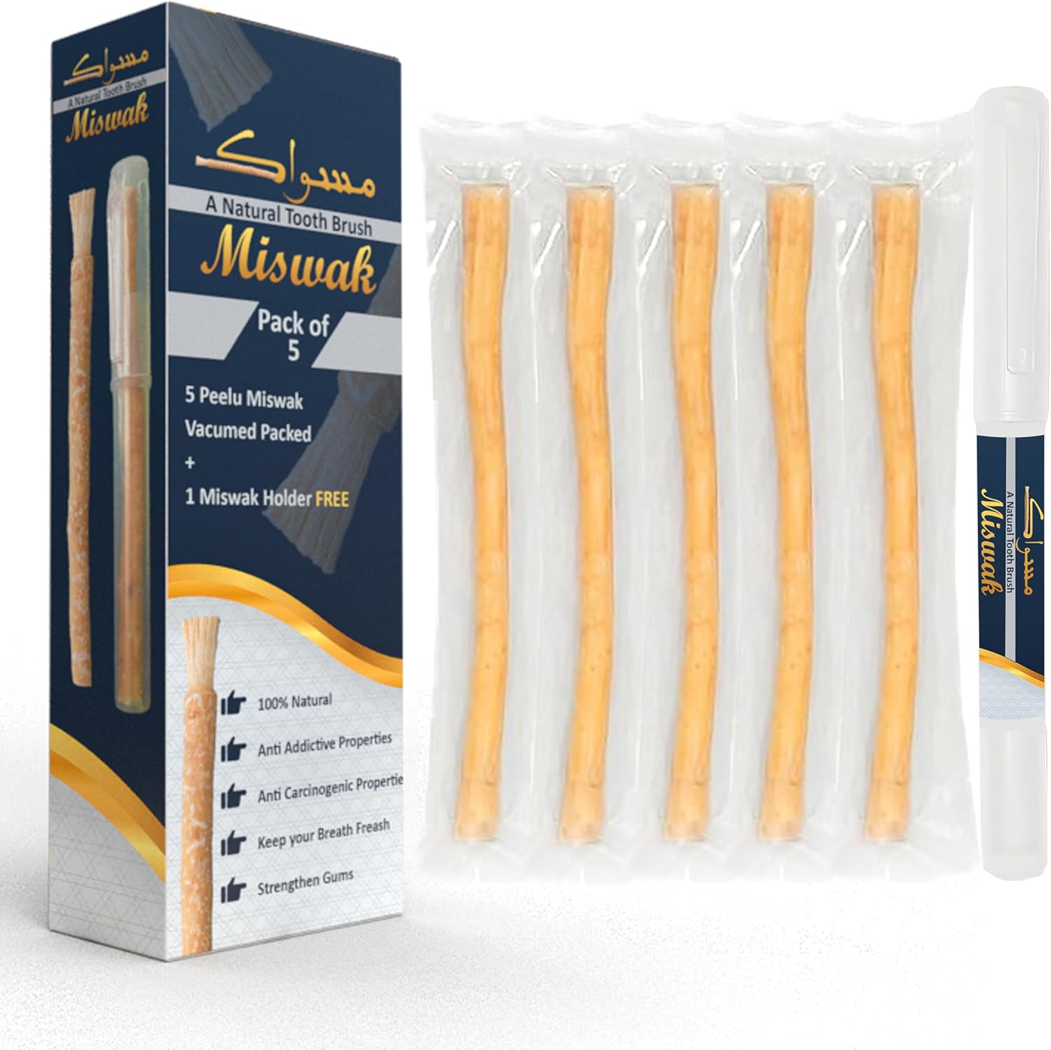 Aropedia Pack of 5 Miswak Sticks for Teeth with Holder