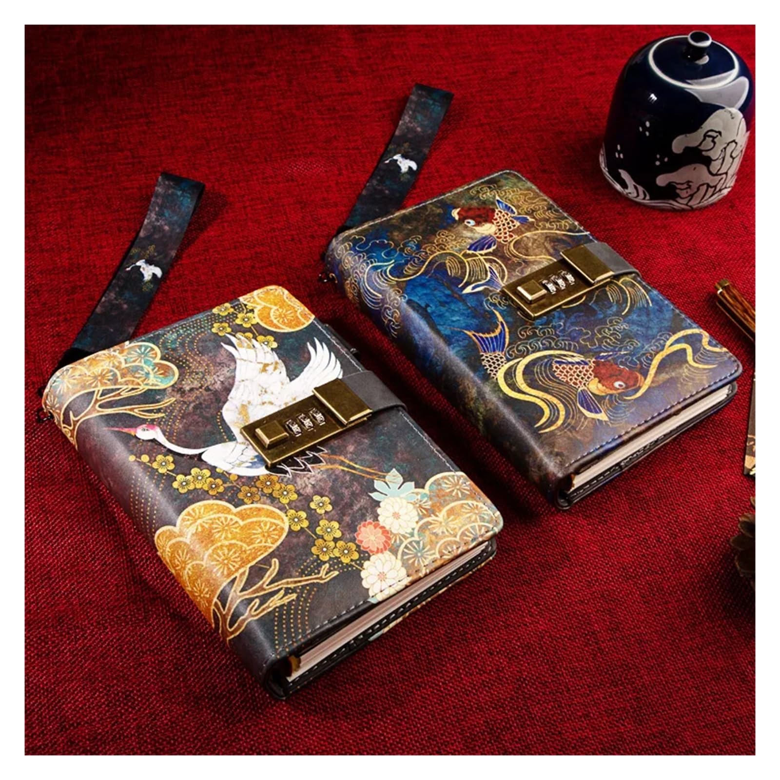 Tagebuch Mit Schloss A6 Chinesischer klassischer Stil mit Schloss, Passwort, Tagebuch, Büchern, Federbinder-Notizbuch (ohne Stift)(Cryprinus carpiod)