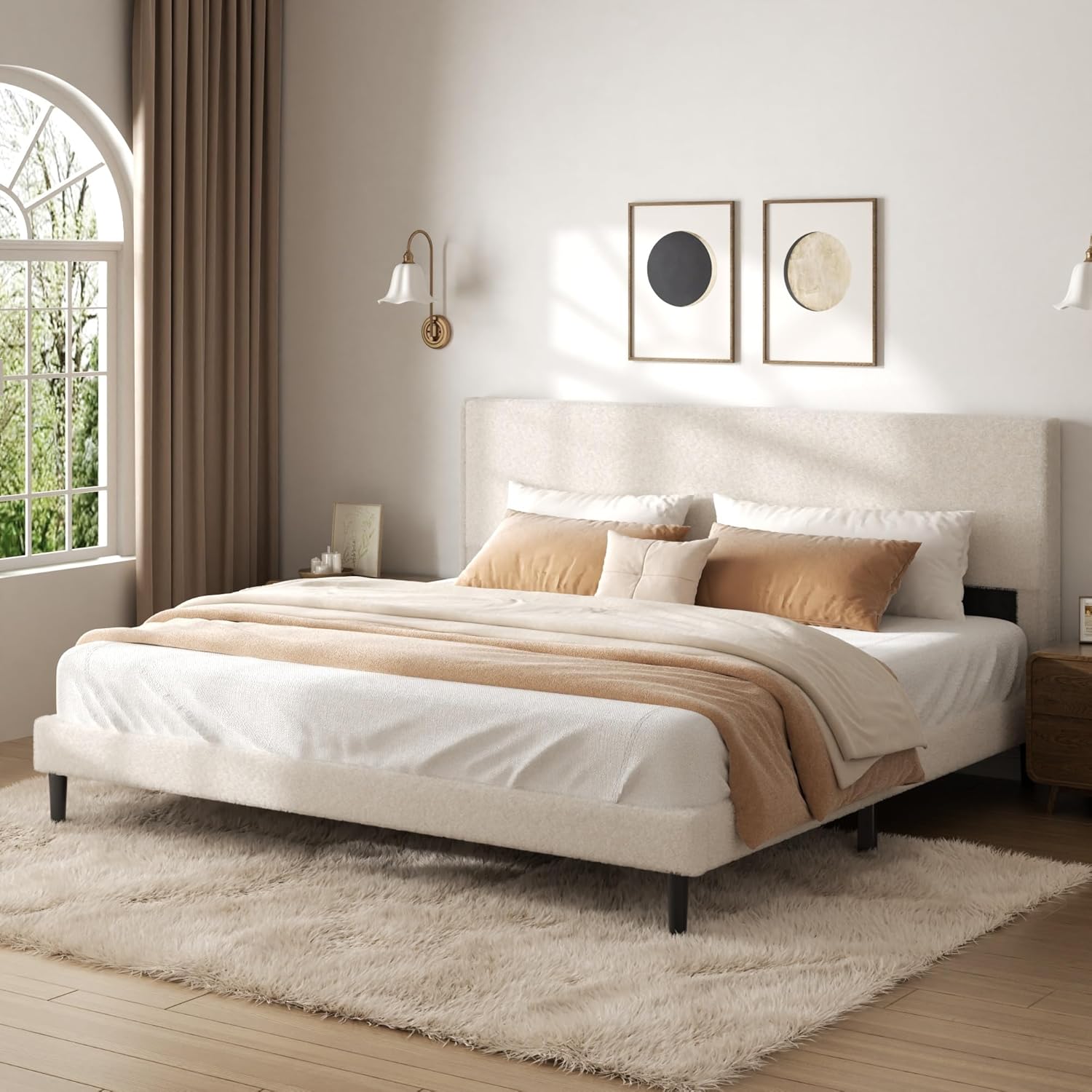 King Bed Frame Teddy Velvet Modern Platform Bed Frame with Upholstered Headboard, Mattress Foundation, No Box Spring Required, Beige