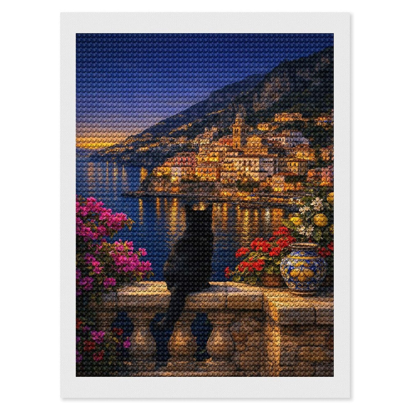 Junmoney Black Cat Overlooking Amalfi Coastal Town DIY Diamond Art Canvas Kit 12"x16", Pleasing Wall Art Project, Easy Handmade Project, Living Room Decor