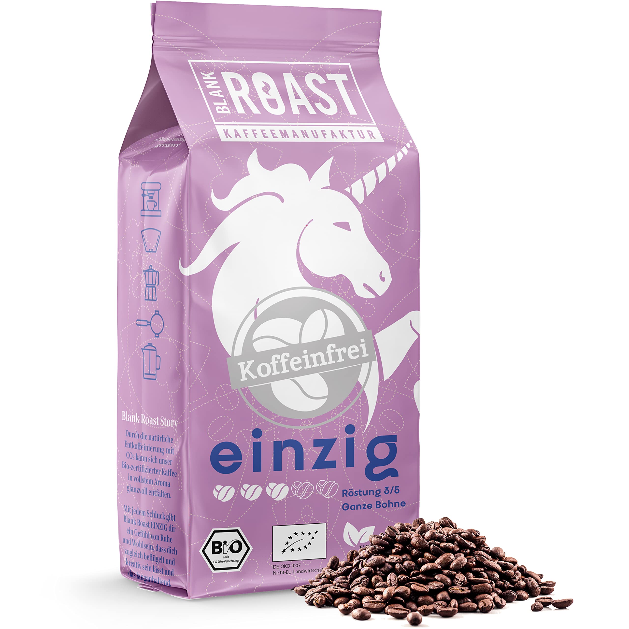 Blank Roast - EINZIG - 1kg - BIO Kaffeebohnen koffeinfrei - 100% Arabica aus Kolumbien - schonend & umweltfreundlich entkoffeiniert - säurearm mit voller Crema - ideal für jede Zubereitungsart