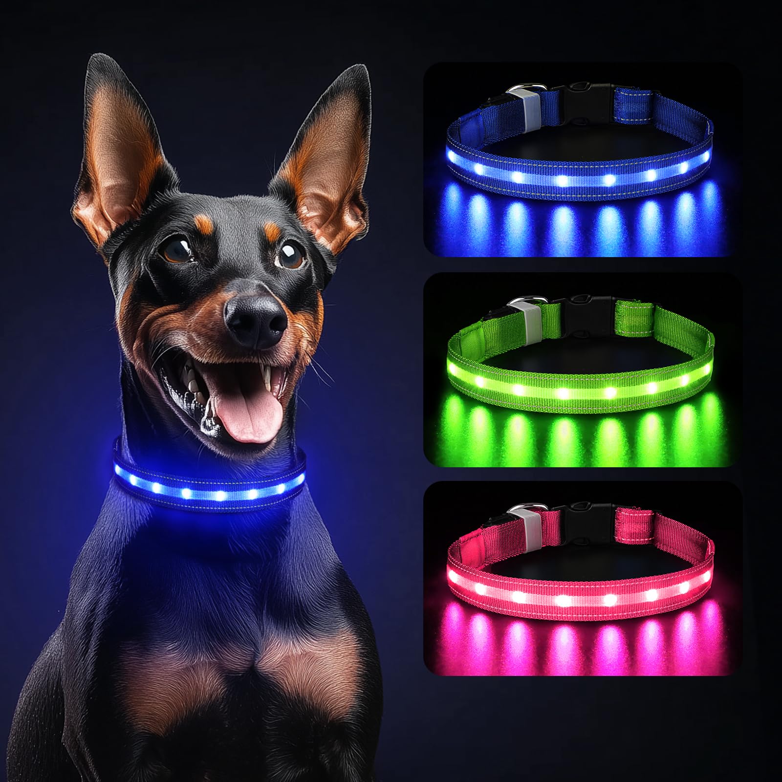 Light Up Dog Collar, USB Rechargeable LED Dog Collar Waterproof Adjustable Dog Collars with 3 Glowing Modes, Ultra Bright LED Pet Collars for Small Medium Large Dogs Nighttime Walking(Blue, M)