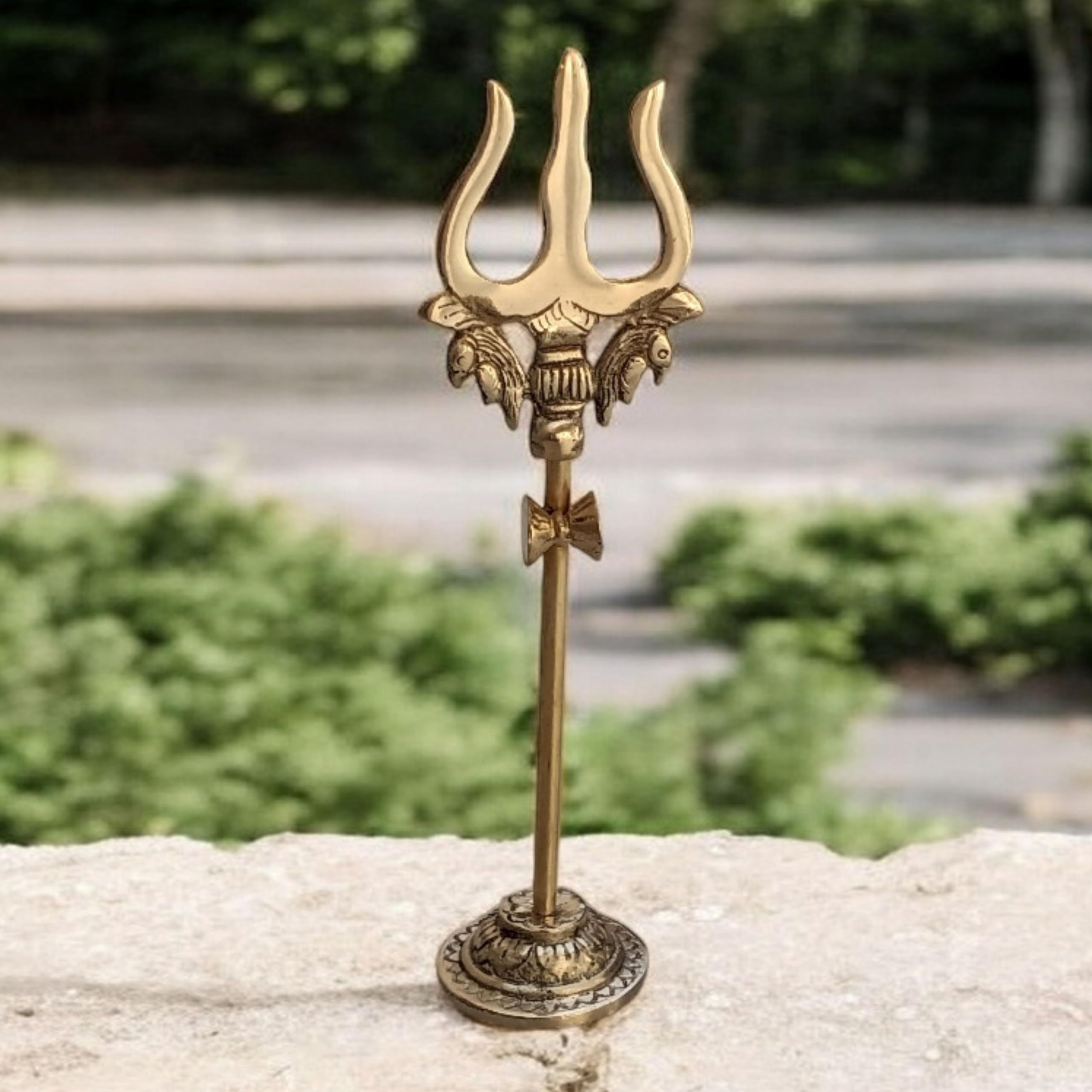 Brass Trishul Trident with Stand Brass Trishul, Traditional Religious Trident Lord Shiva Brass Standing Trishul (Trident) with Attached Damaru
