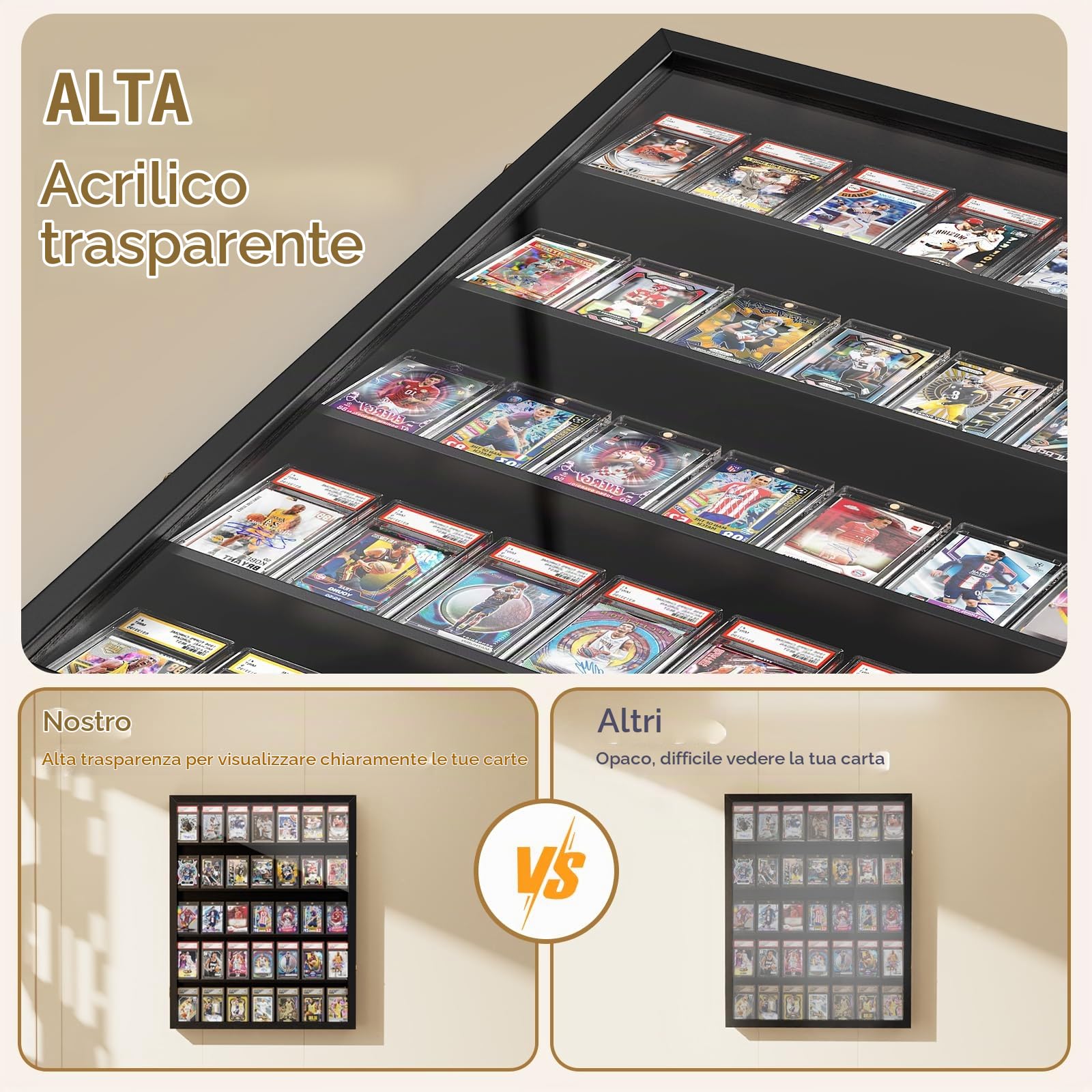 Espositore per carte, grande cornice da parete per carte collezionabili, 35 gradi, con protezione UV, vista trasparente con serratura per carte da calcio e pallacanestro, fumetti (nero)