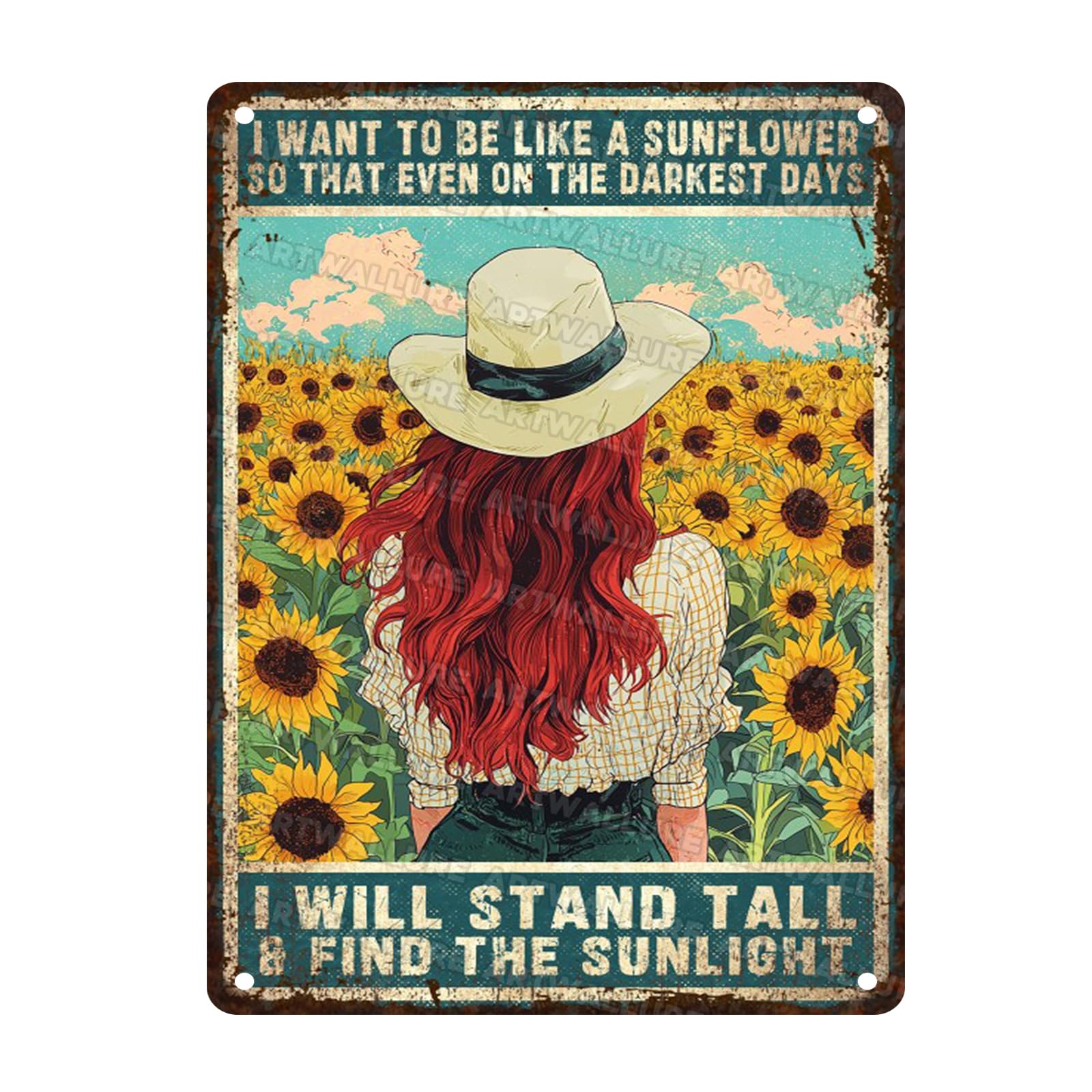 Sunflower Girl Sign for Home Garden I Want to Be Like A Sunflower Art Poster Vintage Plaque Decor for Garden Backyard Oasis Bar Club Man Cave Decoration 12x16inch