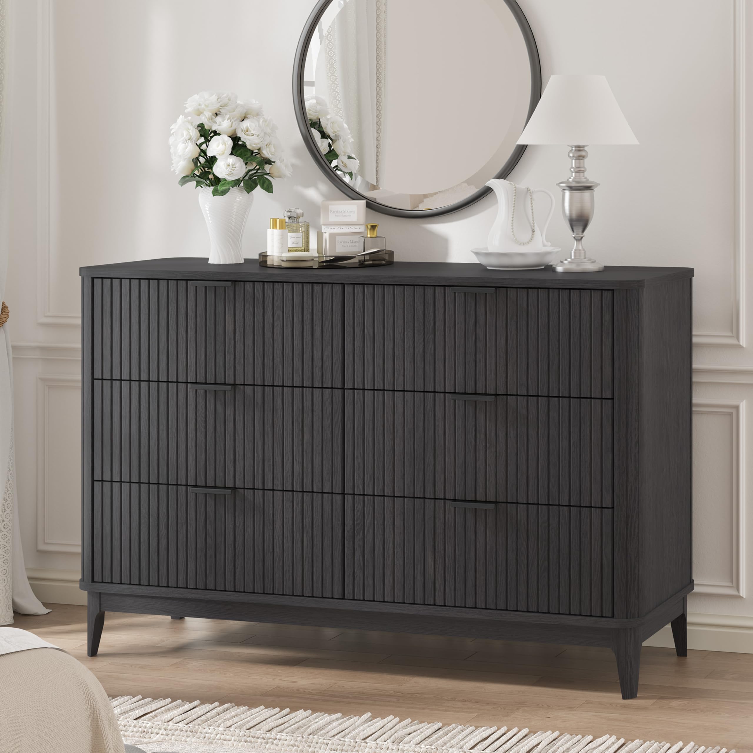 MYLFStylish Fluted 6 Drawer Dresser,53'' Wide Large Storage Chest of Drawers,Wooden Storage Organizer Drawer Dresser,Modern TV Stand for Bedroom,Livingroom Black
