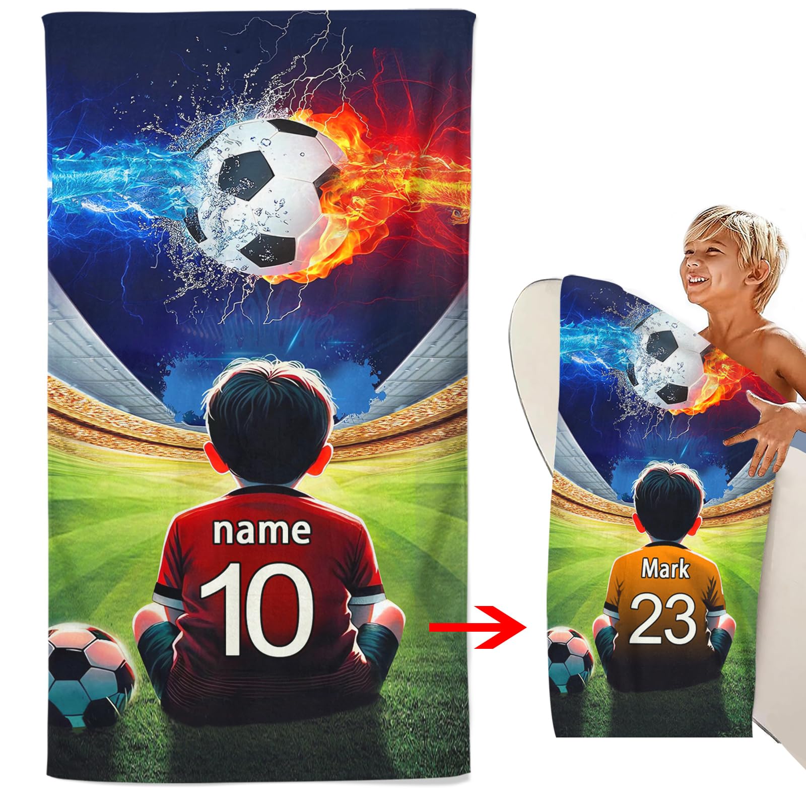 CHEFFS Personalized Football Beach Towel With Name, Microfibre Bath Towel, Sauna Towel 70 x 140 cm (1)