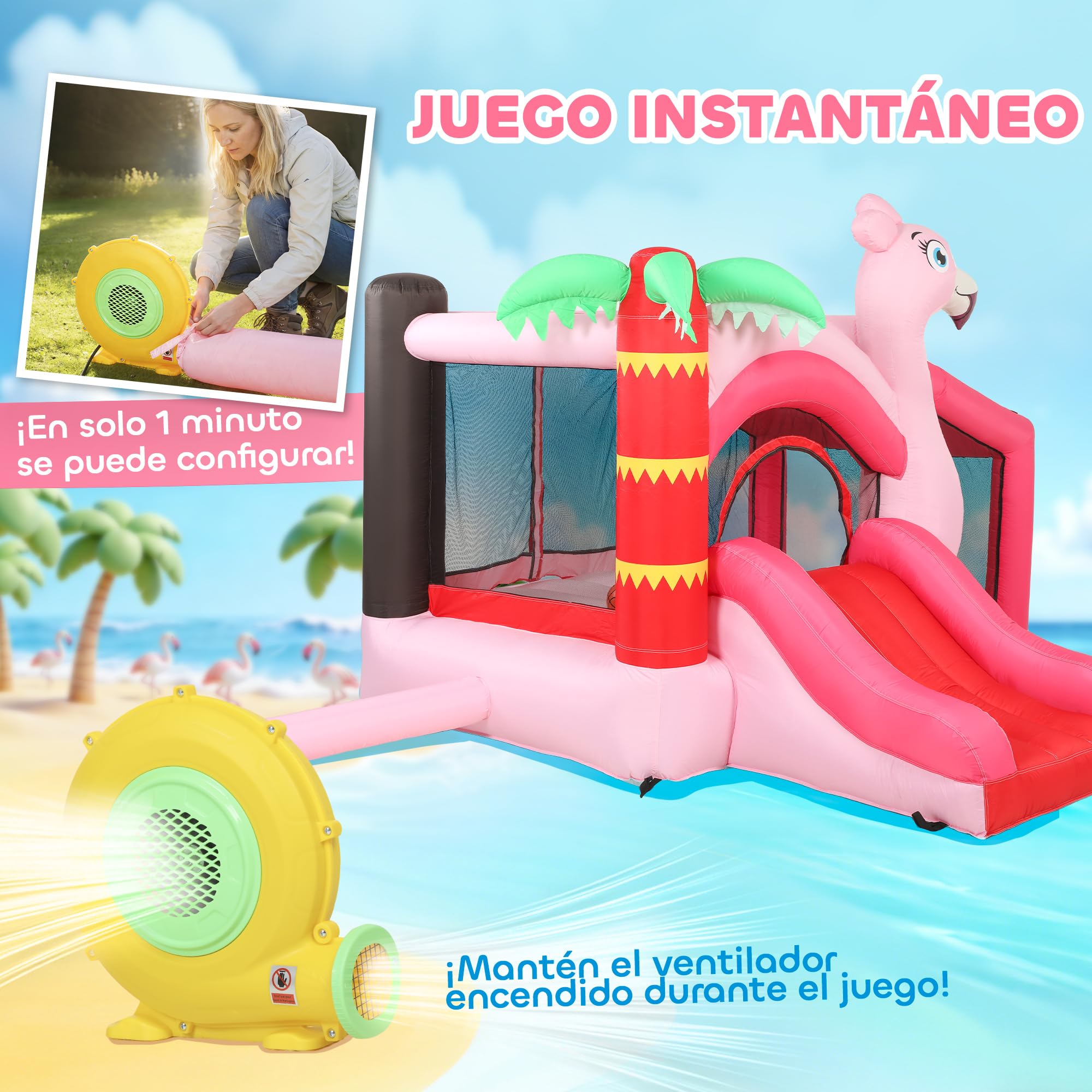 AIYAPLAY Castillo Hinchable para Niños con Soplador, Castillo Hinchable con Tobogán, Cama Elástica, Piscina de Pelotas, Canasta de Baloncesto, Diseño de Flamenco, Interior y Exterior, 255x230x196 cm