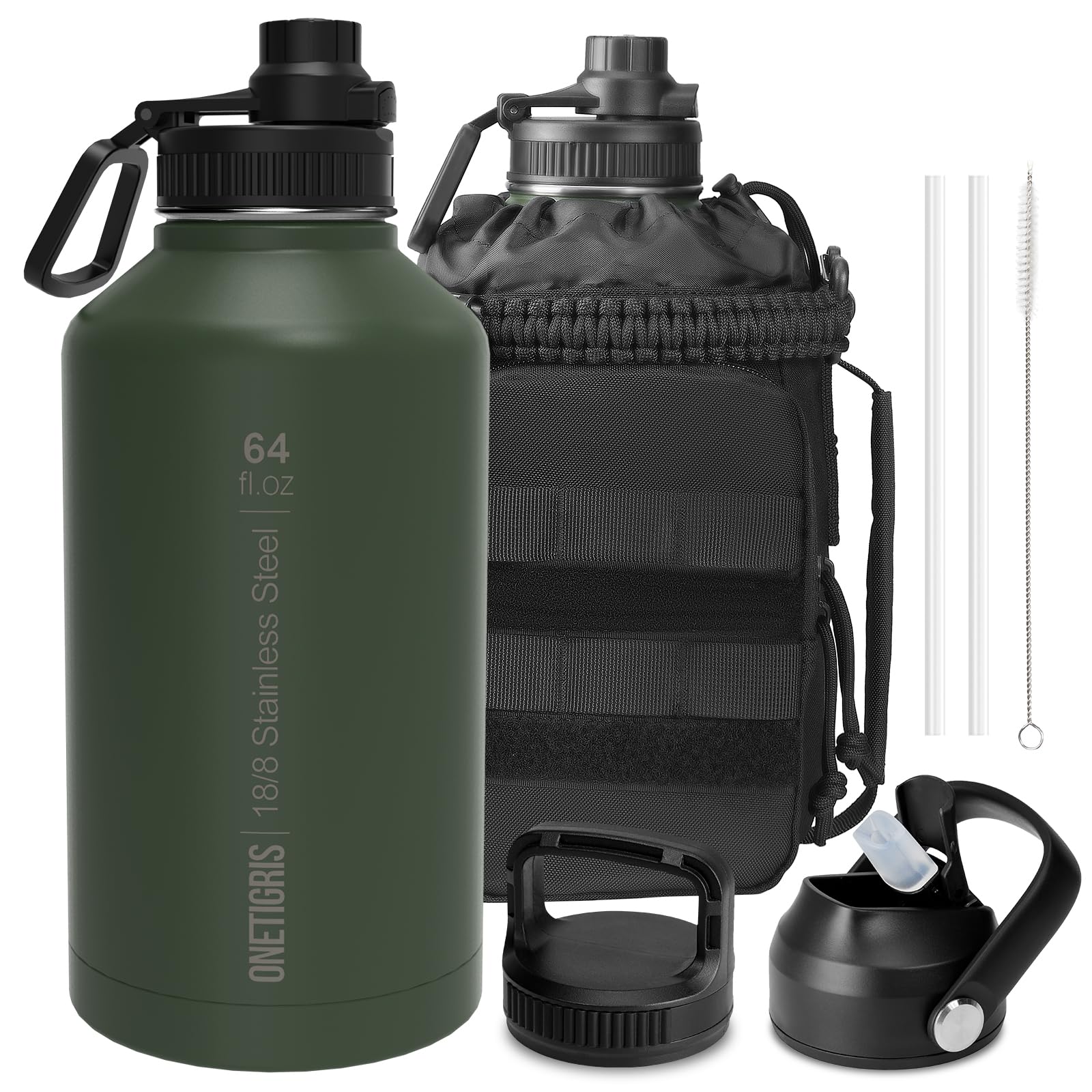 ONETIGRIS Tactical Half Gallon Water Bottle with Straw - 64 oz Vacuum Insulated Stainless Steel Water Jug, Leakproof Sport Bottle with 3 BPA Free Lids, Paracord Handle & MOLLE Water Pouch for Outdoor