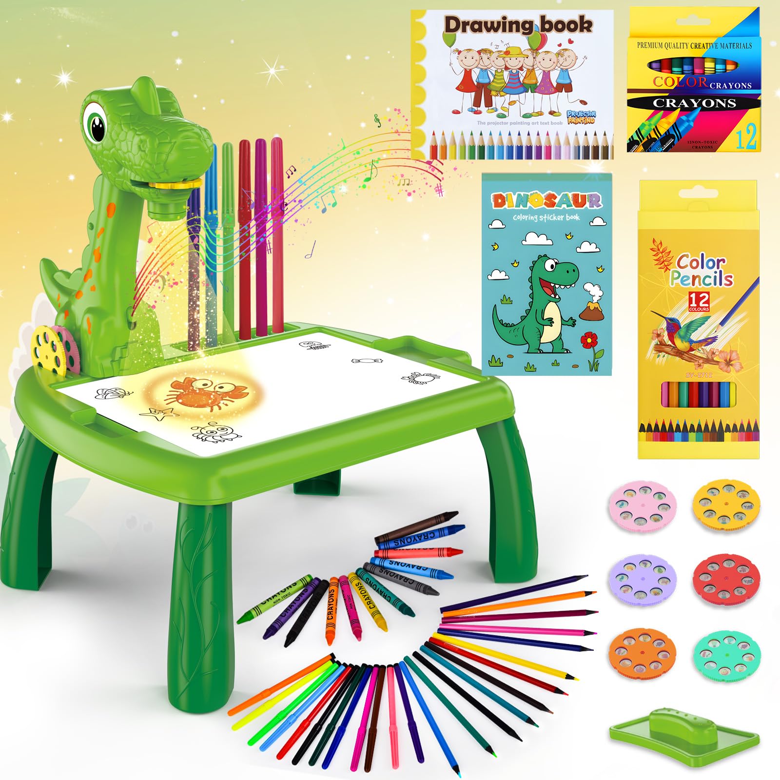 BuzzoXerex Proyector Dibujo Niños, 48 Piezas Mesa Dibujo Proyección Niños con 48 Motivos, Cuaderno de Dibujo, Libro de Pegatinas, Rotuladores de Colores para Niños de 3-10 Años (Verde)