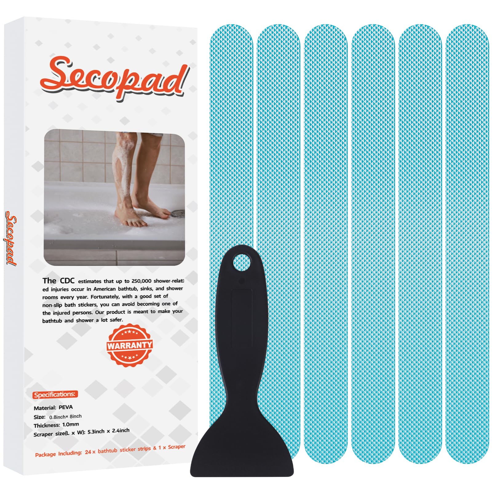 Secopad 24 x Bath Non-Slip Bath Strips with Scraper - Premium Quality (Blue)