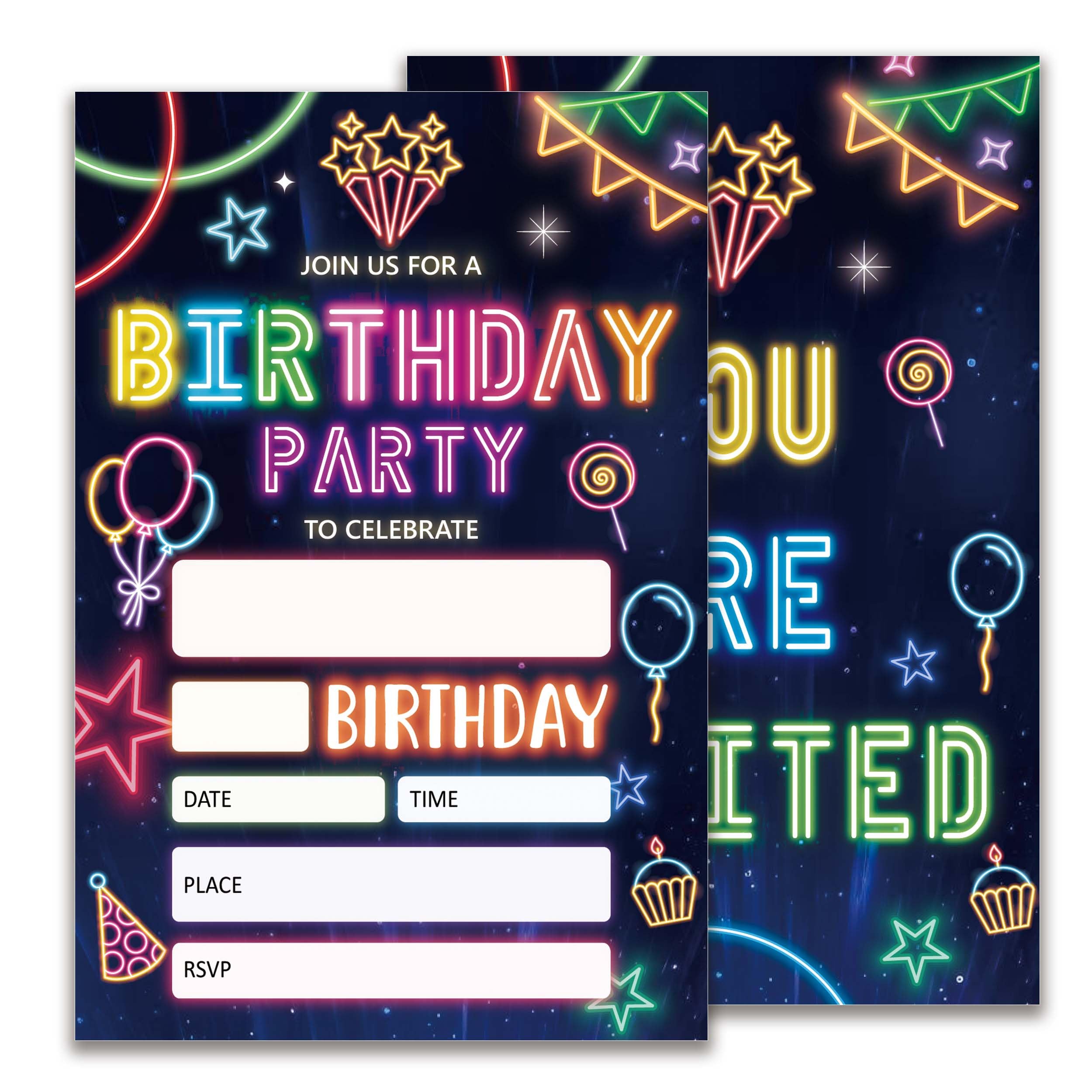 Glow Birthday Party Invitations, Neon Party Birthday Invitations for Boys Girls, 20 Double-Sided Design Birthday Invites with Envelopes (4x6 In), Birthday Party Supplies Favors-A04
