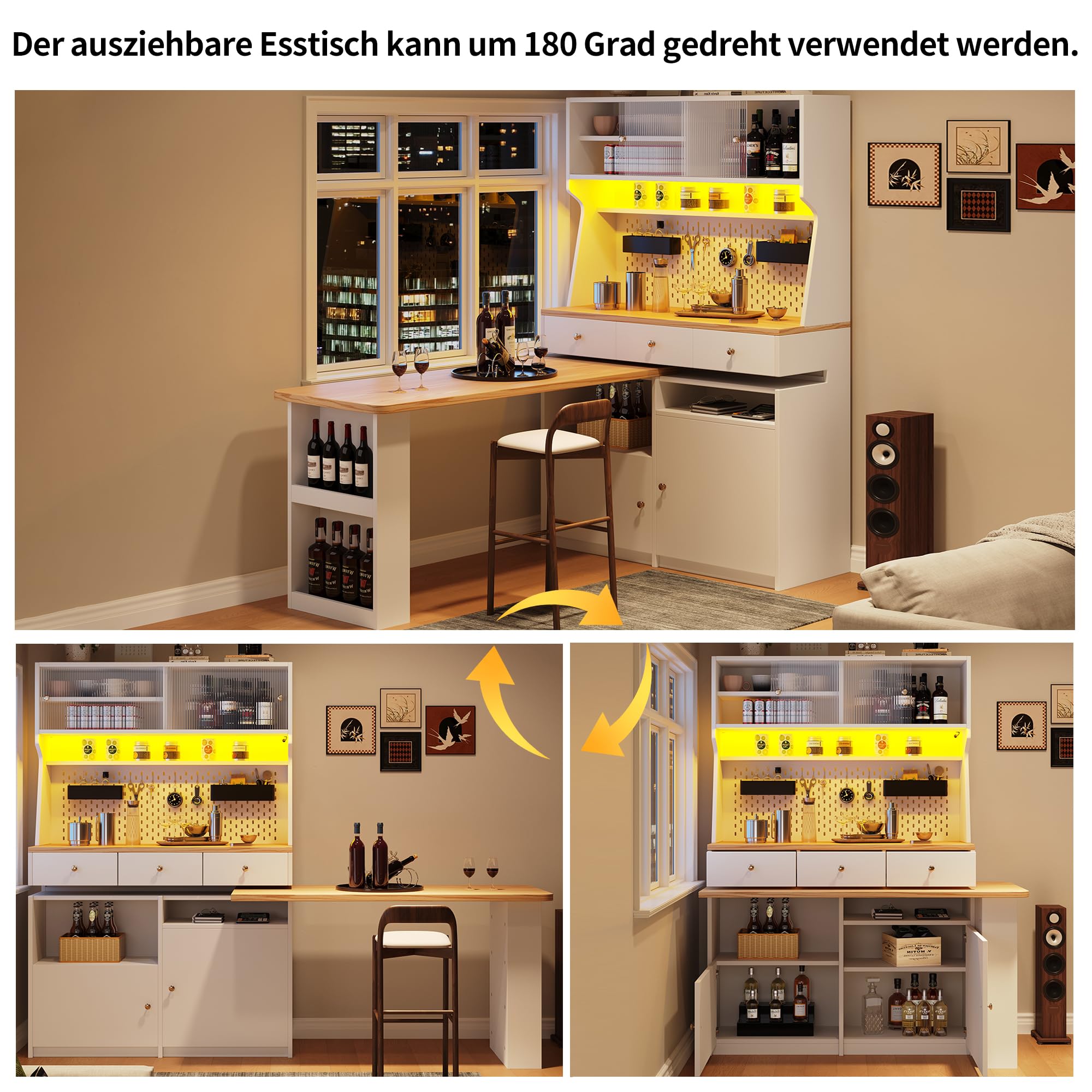 Lcoho Armadietto da cucina (137 x 45 x 178 cm), a buffet alto, multiuso a buffet, armadietto da tavolo, scrivania, armadietto con due ante e tre cassetti, bianco